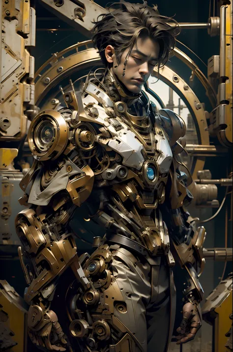 Masterpiece, ironman wearing futuristic steampunk robotic suit, hyper realistic, hyper detailed mechanical