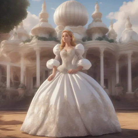 frustrated princess greer grammer standing in the middle of a village wearing a stately and elaborate cinderella ballgown of whi...