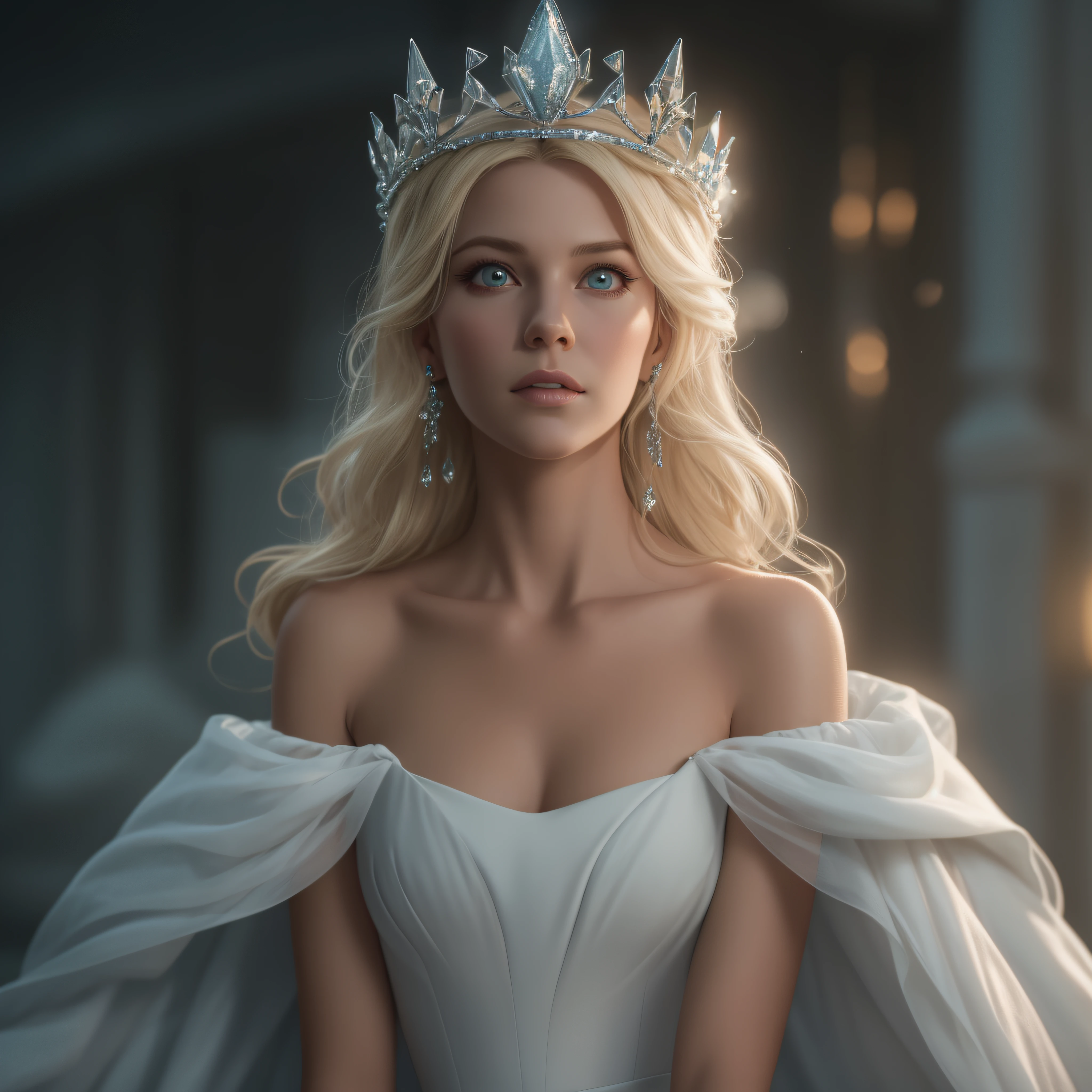 50yr old Gorgeous blonde witch-girl is turned into Cinderella white dress, wearing a crown, against her will, photo-realistic, octane render, unreal engine, ultra-realistic