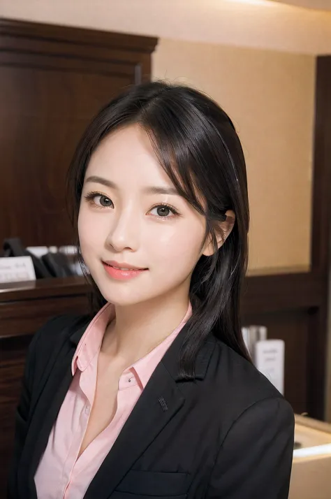 hotel reception、face forcus、female front desk staff,black jacket、pink button shirt、a picture、a detailed face、detailed lips、a det...