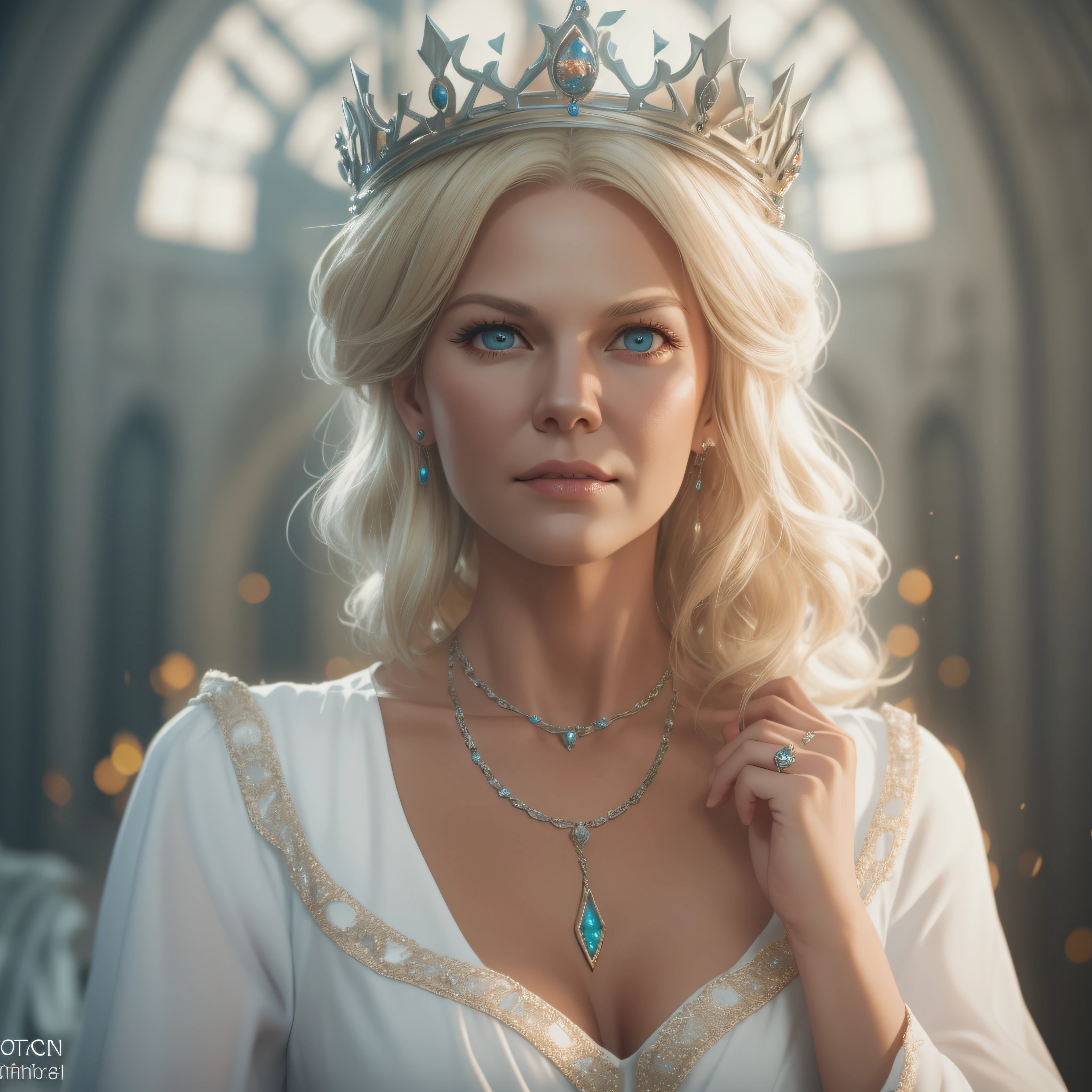 50 años. Vieja y hermosa bruja rubia con vestido blanco, Llevar una corona de princesa, contra su voluntad, fotorrealista, renderizado de octanaje, Motor irreal, Ultrarrealista