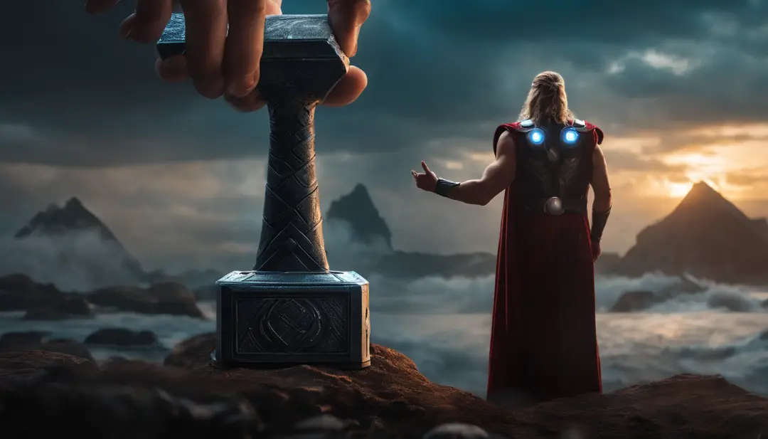 Thor's hammer in his hand with Power and futuristic background 4k image