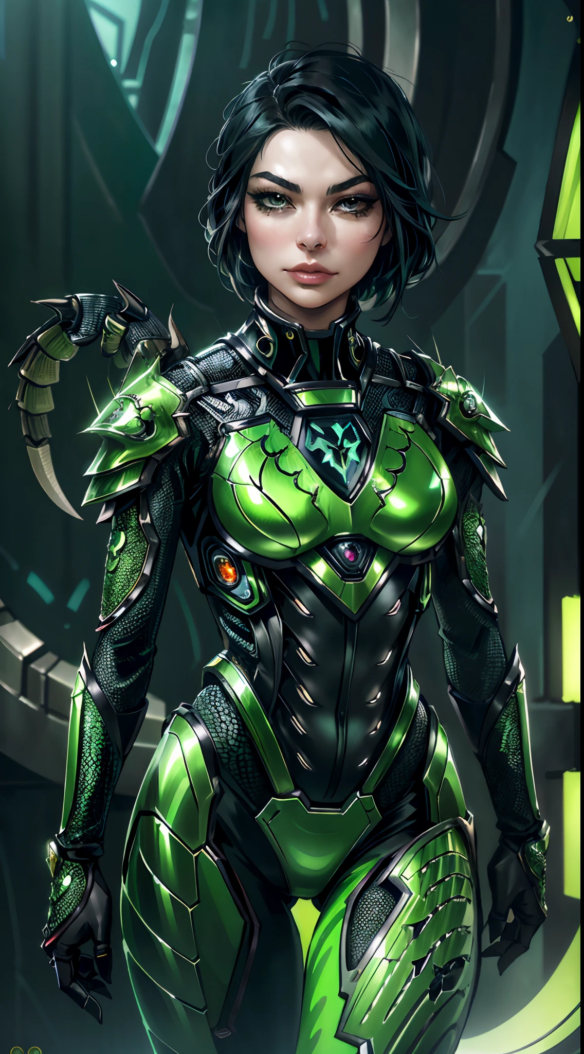 extremely detailed 8k wallpaper, intricate, richly detailed, dramatic, ((Miranda Cosgrove)), (((anthropomorphic scorpio woman))), wears green mechanical suit, ((mechanical scorpion tail)), wields knives, assassin, makeup, fit, seductive, sexy, hot, sultry, shapely, ready for combat, sinister face, graphics insanely, light is reflected in the ornaments, whole person with some distance from the surroundings