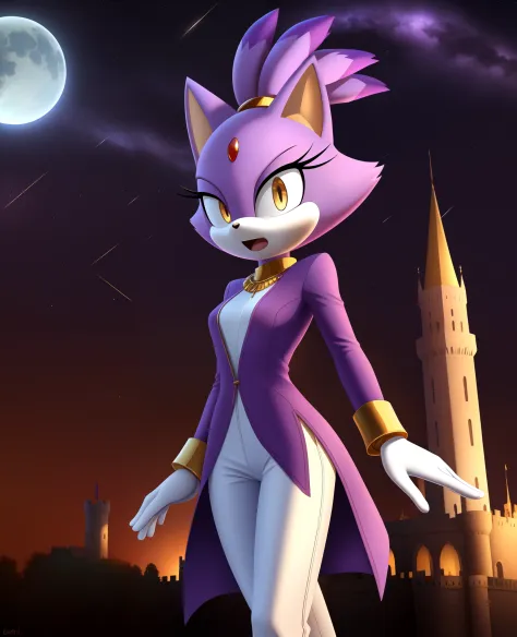 masterpiece, best quality, highres, Blaze The Cat, 1girl, gold necklace, white jumpsuit, animal_ears, closed_mouth, red forehead_jewel, fur-trimmed_gloves, fur_trim, furry, furry_female, gloves, long_sleeves, purple_coat, purple_hair, solo, standing, tied_...