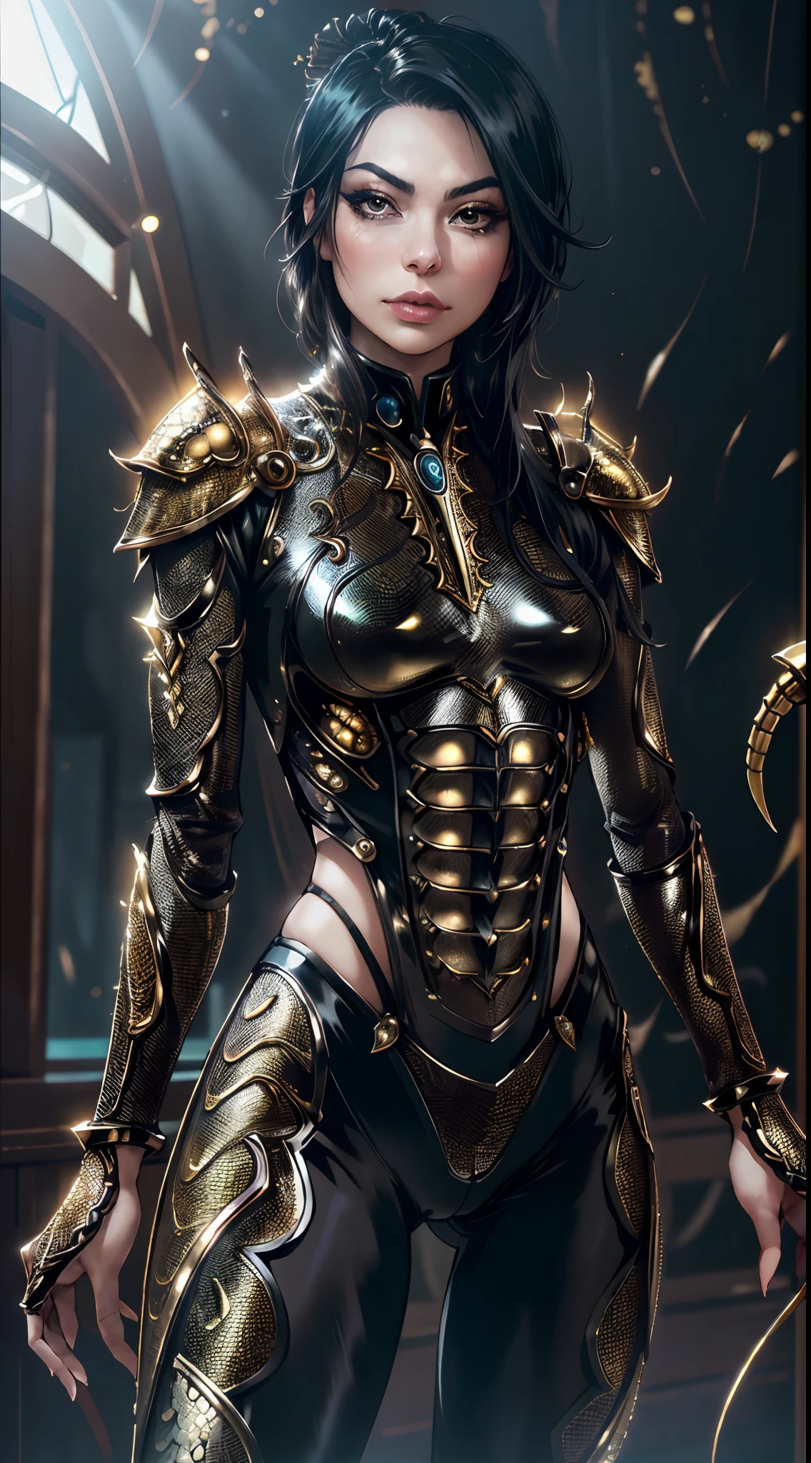 extremely detailed 8k wallpaper, intricate, richly detailed, dramatic, ((Miranda Cosgrove)), (((anthropomorphic scorpio woman))), wears bodysuit, ((scorpion tail behind back)), wields knives, assassin, makeup, fit, seductive, sexy, hot, sultry, shapely, ready for combat, sinister face, graphics insanely, light is reflected in the ornaments, whole person with some distance from the surroundings