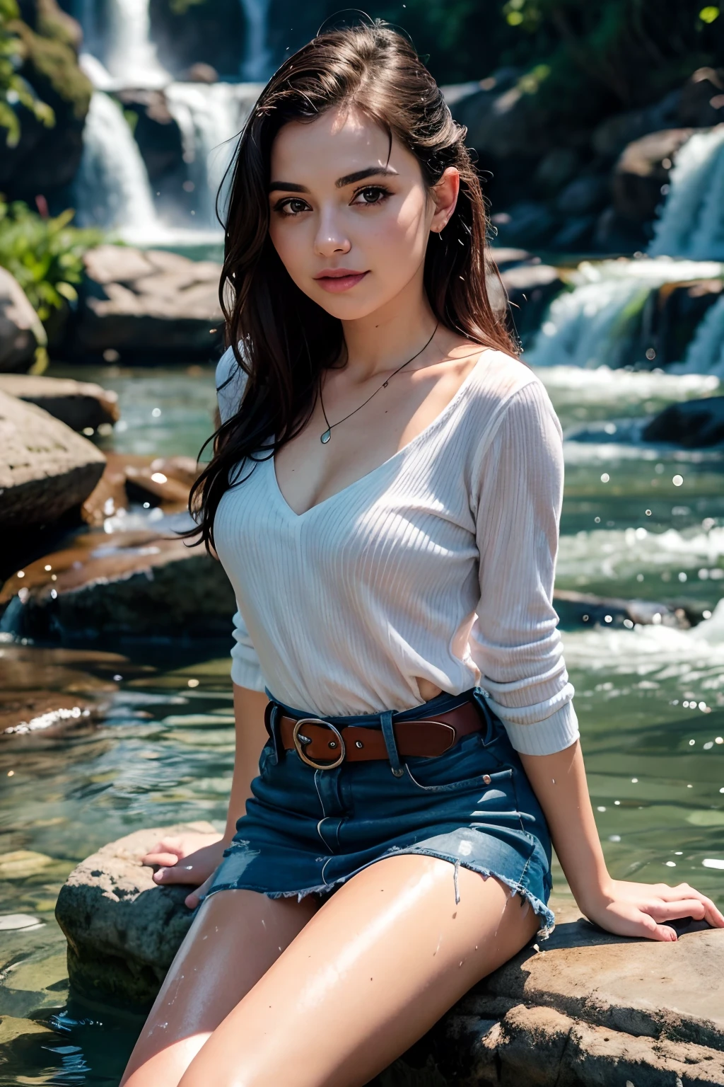 woman sitting in the water, bottom angle, in a pond, in water up to her waist, in the water, denim skirt, belt, v neck pullover, white shirt, seated in the water, charli bowater, cute woman, with a waterfalls, casually dressed, wet look, portrait shot, mid shot portrait, playing in water, smiling at viewer, coy, cute shot, narrow depth of field, 8k, nsfw
