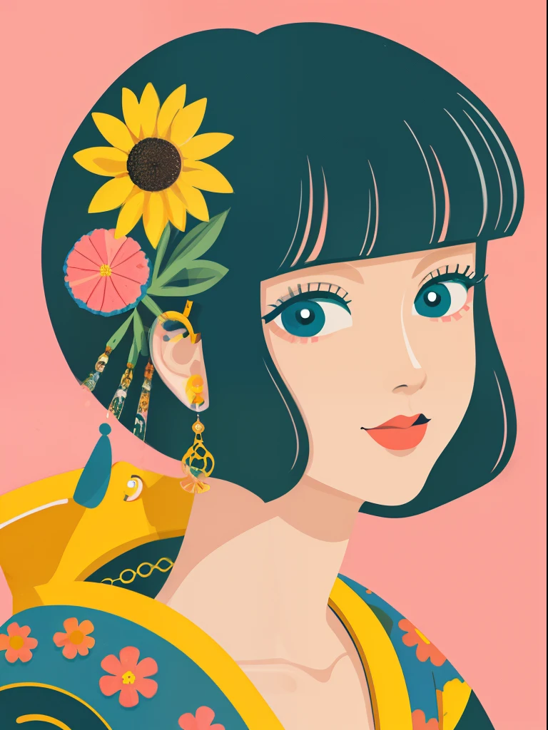 retratos、Estilo japones、８０Estilo manga shojo de la época.、Abstract pintaring、moda harajuku、moda moderna、ojos grandes、Piezas maestras, mejor calidad,retratos、sonrisa en la cara、Retro Showa、un póster、fondo de flores、
pintar,ilustración,retro、Vector art、pintura plana、
estilo2,Solo,fondo sencillo,Parte superior del cuerpo、Pabellón de Geometría、Estilo mínimo、
una ilustración de dibujos animados de una dama con una camisa amarilla sobre un arte de la señora mariposa, al estilo de la belleza grunge, alicates de rehenes, patrones mixtos, instalaciones de texto y emoji, de cerca, ilustraciones de personajes encantadores, folklórico