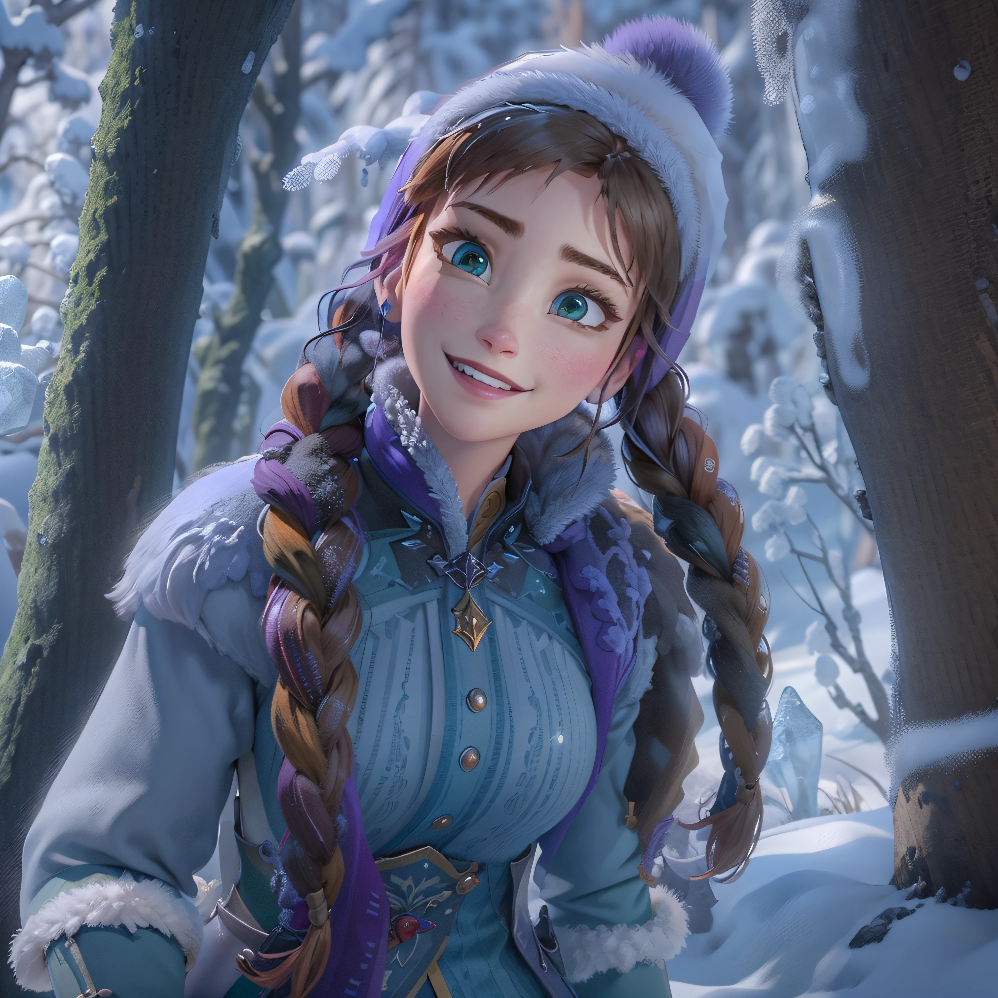 (obra maestra:1.4), (mejor calidad:1.4), (Alta resolución:1.4), 
ana de arendelle, gorra morada, trenzas gemelas, invierno mountain outfit,
actividades al aire libre, hielo, invierno, nieve, bosque,
mirando al espectador, sonrisa, fotorrealista, renderizado de octanaje, Motor irreal, Ultrarrealista