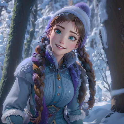 (masterpiece:1.4), (best qualit:1.4), (high resolution:1.4), 
anna of arendelle, purple cap, twin braids, winter mountain outfit...