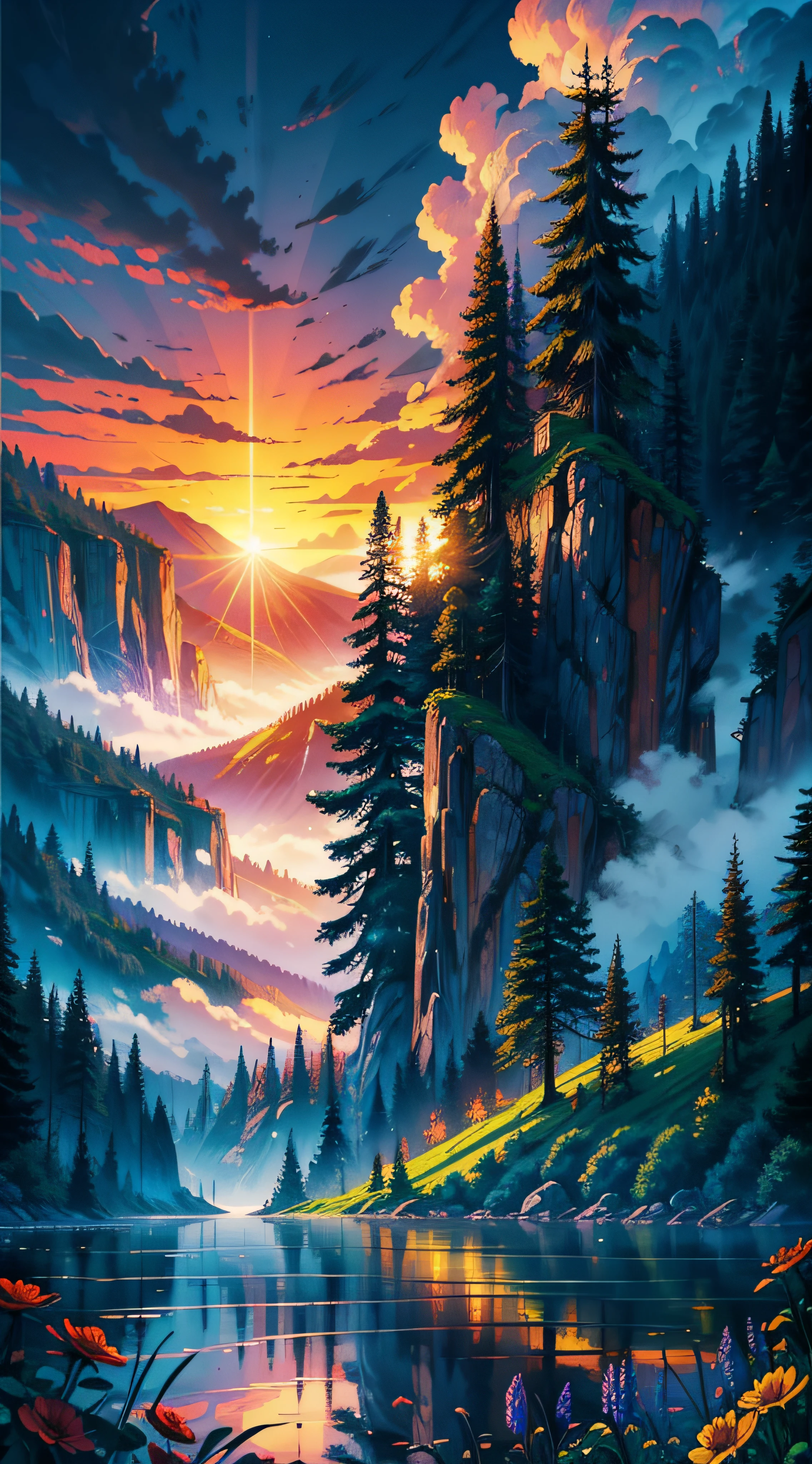 a warm scenary, gorgeous, dark, life, nature, flowers, water, gorgeous tree,mountain, valleis, fog, spectral,magic, happy,relaxing, lofi, sunset, cozy, superior, artistic, clouds, dynamic, rich composition, intricate, detailed, ,landscape, digital art, love,  colorful, heaven clouds,beautiful sky,, accommodate,