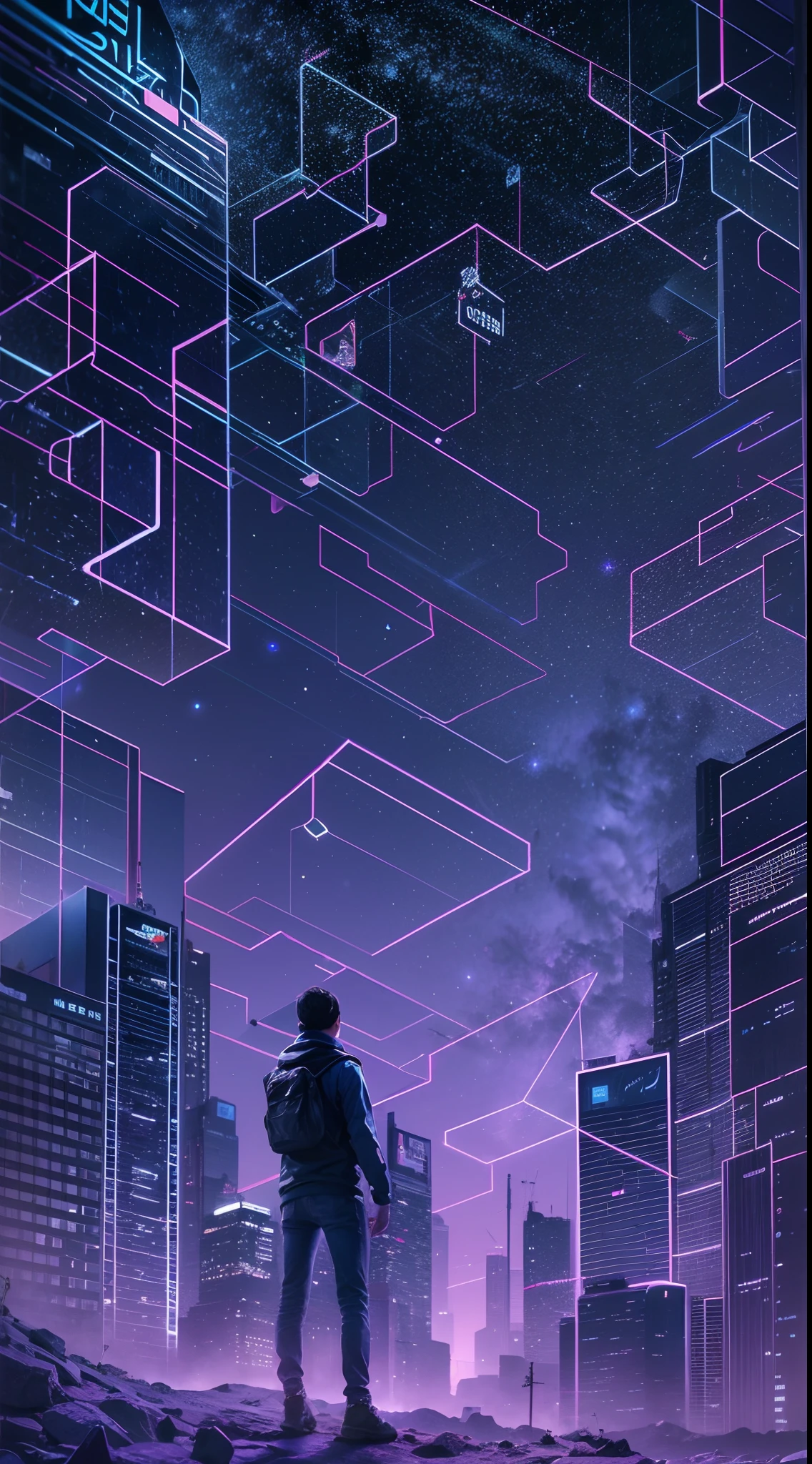 starry sky with the constellations of the zodiac, shades of purple as if they were nebulae, vast space, cyberpunk city at the bottom,