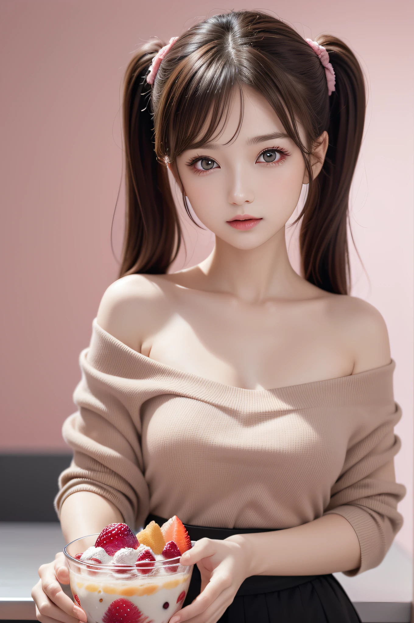 ((1girl in)), ((Best Quality)), (Ultra-detailed), (extremely detailed CG unified 8k wallpaper), Highly detailed, High-definition raw color photos, Professional Photography, (Twintails), Brown hair, Amazing face and eyes, Pink eyes, (amazingly beautiful girl), off shoulder, pink background, ((stylish cafe)), ((fruit parfait)),