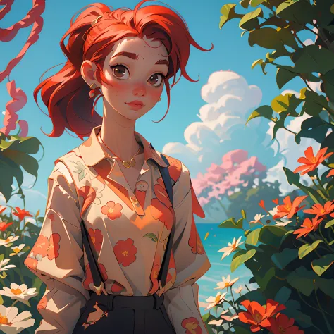 (masterpiece, best quality), character design, line art head ,1girl, collarbone, wavy hair, looking at viewer, blurry, upper body, necklace, suspenders, floral print, ponytail, freckles, red hair, sunlight,