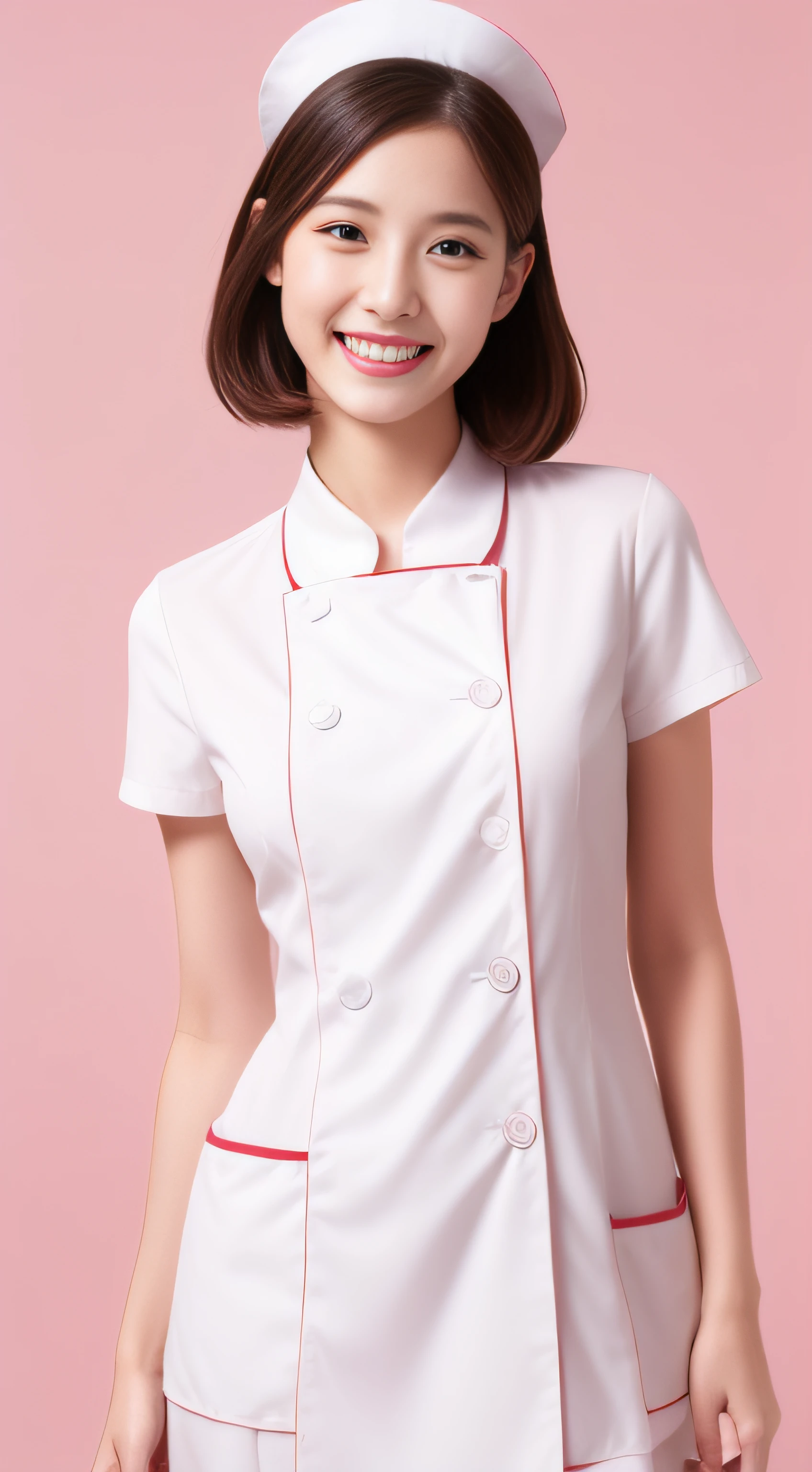 Miss Cabaret、White nurse uniform、２a person、hiquality、A hyper-realistic、healthy、Smiling expression、Slender perfect figure、Japan beauties、beautidful eyes、face perfect、Beautiful skin、Pink background