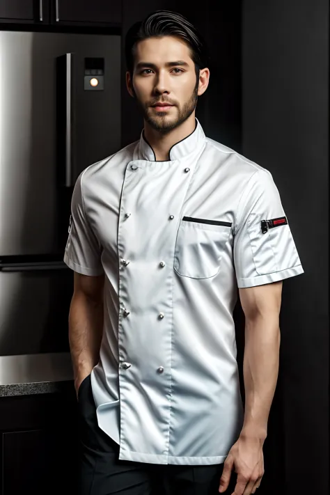 male charter chef dress,full body view,muscle at kuala lumpur city, front focus on camera,  short beard, black hair ((pale skin)...