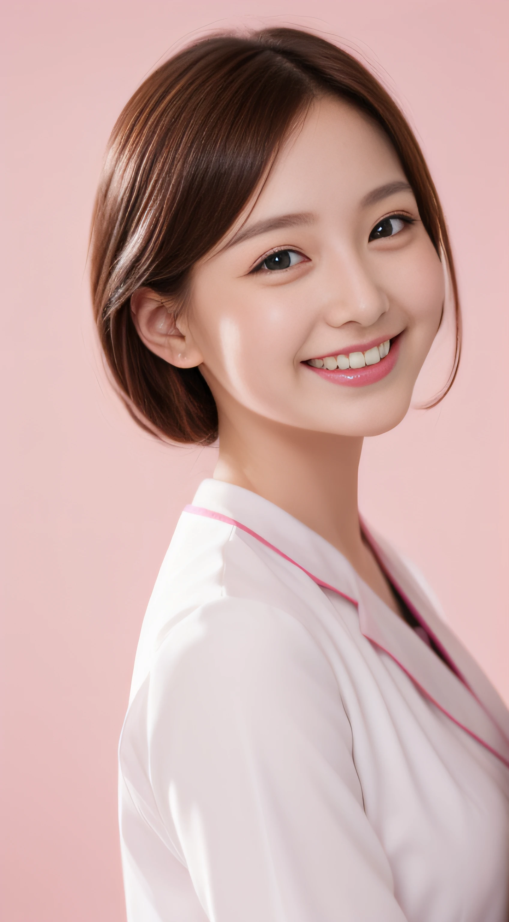 Miss Cabaret、White nurse uniform、２a person、hiquality、A hyper-realistic、healthy、Smiling expression、Slender perfect figure、Japan beauties、beautidful eyes、face perfect、Beautiful skin、Pink background