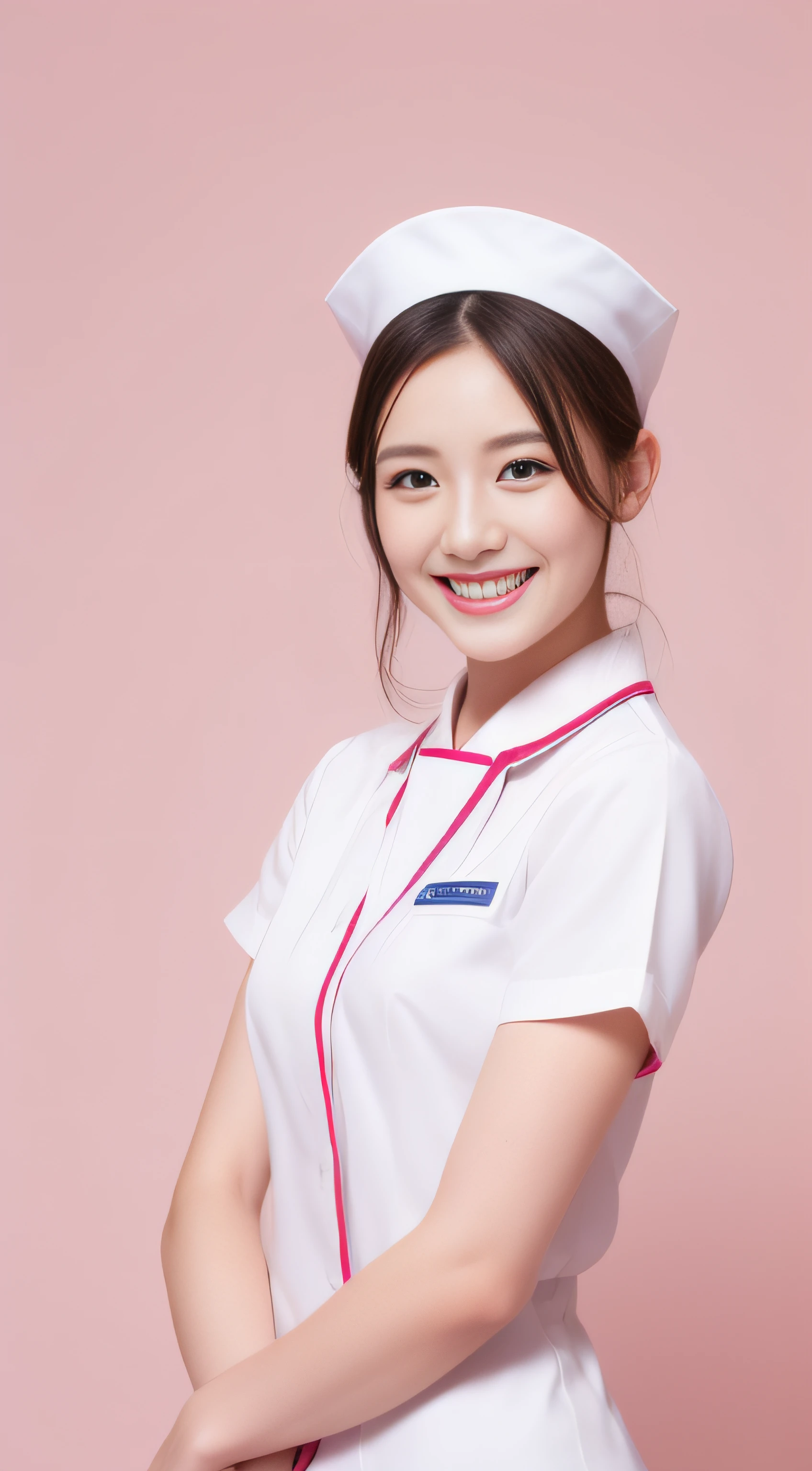 Miss Cabaret、White nurse uniform、２a person、hiquality、A hyper-realistic、healthy、Smiling expression、Slender perfect figure、Japan beauties、beautidful eyes、face perfect、Beautiful skin、Pink background