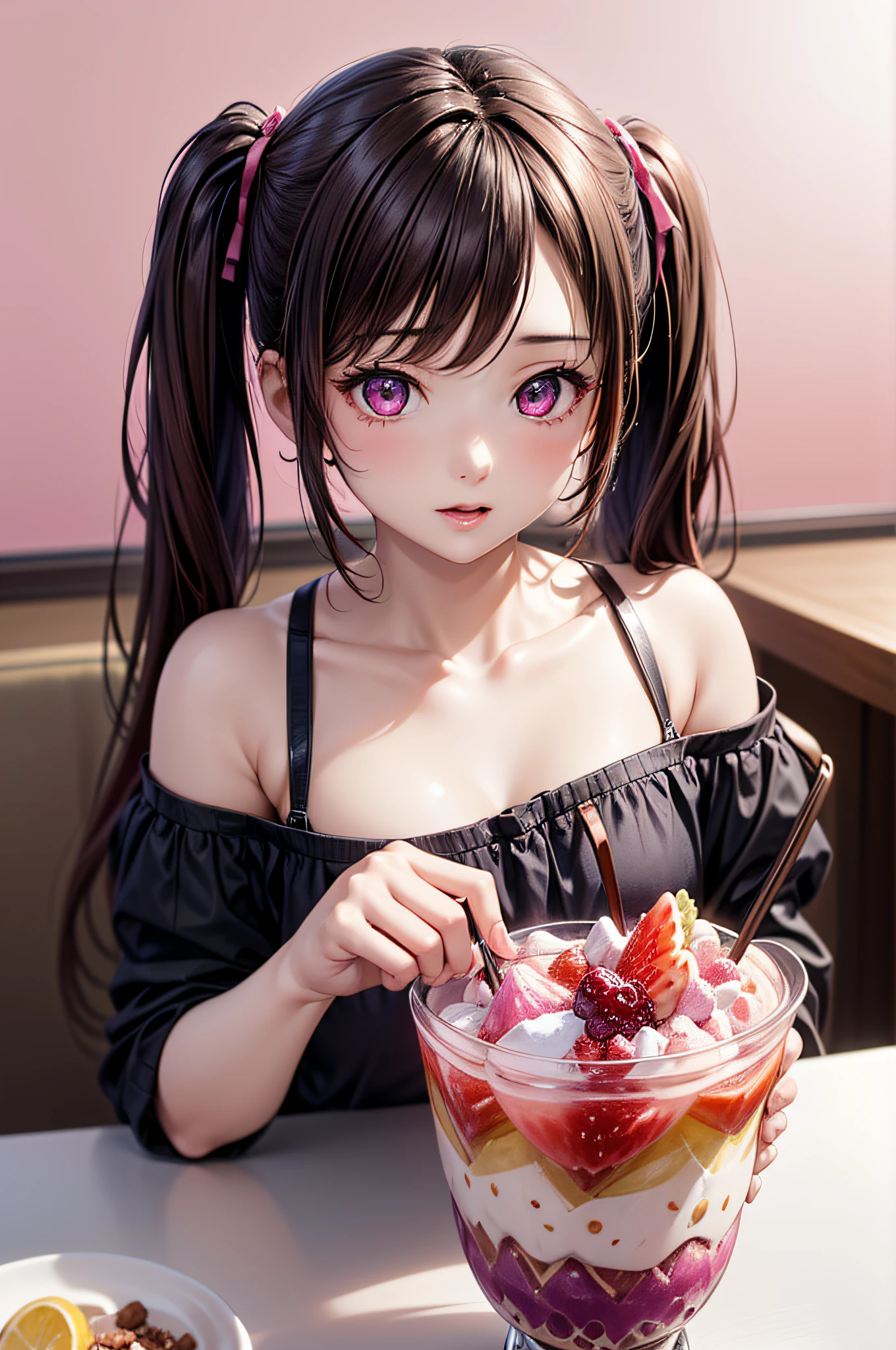 ((1girl in)), ((Best Quality)), (Ultra-detailed), (extremely detailed CG unified 8k wallpaper), Highly detailed, High-definition raw color photos, Professional Photography, (Twintails), Brown hair, Amazing face and eyes, Pink eyes, (amazingly beautiful girl), off shoulder, pink background, ((stylish cafe)), ((fruit parfait)),