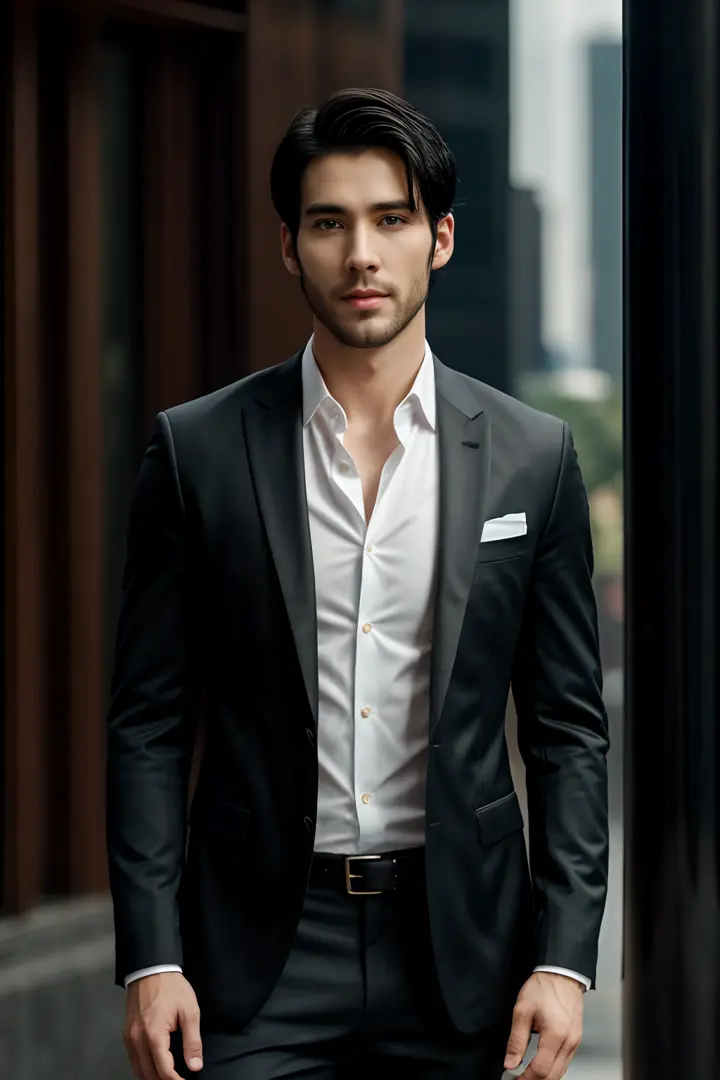 male charter wear blazer,full body view,muscle at kuala lumpur city, front focus on camera,  short beard, black hair ((pale skin...