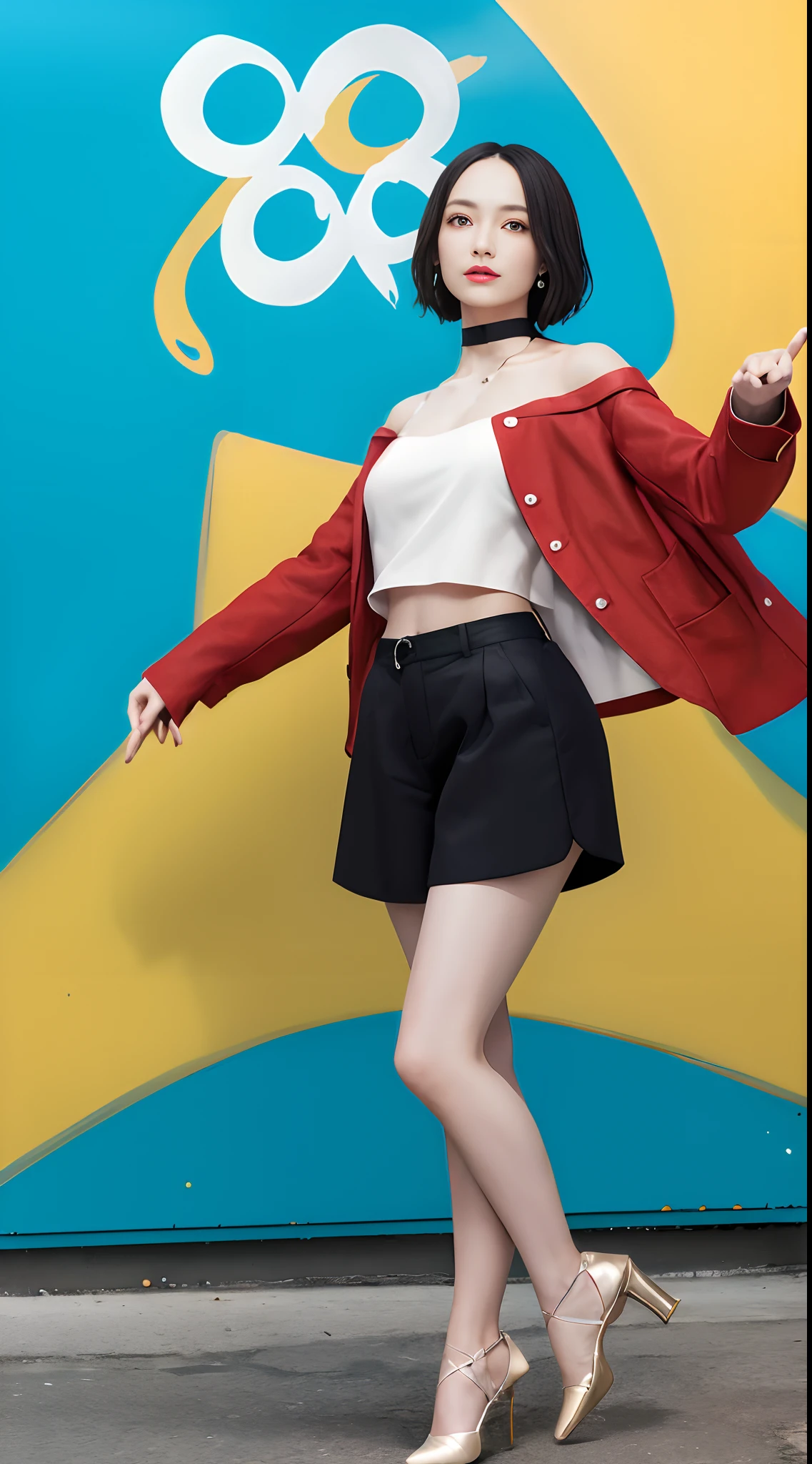 Woman in red jacket and black shorts posing in front of a blue and yellow  sign - SeaArt AI