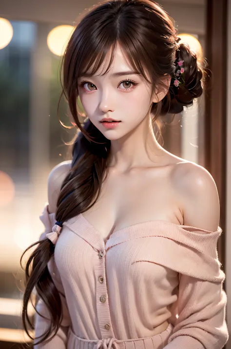 ((1girl in)), (Twintails), Brown hair, Amazing face and eyes, Pink eyes, (amazingly beautiful girl), Brown hair, off shoulder, (...
