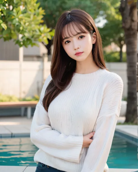 pureerosface_v1, best quality, photorealistic, 8k, high res, 1girl, woman, (skindentation), (portrait:0.6), gorgeous, dynamicpose, ((poolsidebackground:1.6)), coconut tree, ((mediumsize roundbreast, white highnecksweater:1.4)), straight-looking at viewer:1...
