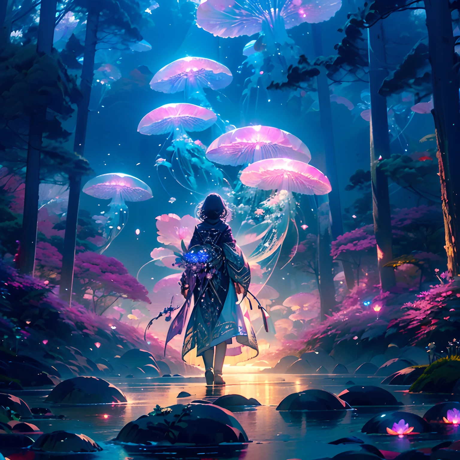 Realistic, beautiful realism, HD, super realistic, full body concept art, no people, no people in the picture, flower jellyfish, floating flowers in the sky, flowers, purple flowers are blooming in a green forest next to a pond, giant flower in the middle of the pond, giant flower in pond, giant pink flower in the middle of lake, giant flower in pond, no people, massive pink flower in pond, mystical forest lagoon, purple leaves, purple leaves, magical leaves, dark purple swamp, magical forest, magical forest backround, glowing purple, magical fantasy forest, in serene forest setting, magic fairy forest, fairytale forest, peaceful elven forest, soft purple glow, fantasy forest, enchanted magical fantasy forest, magical environment, mystical forest, magic forest, high fantasy concept art, highly detailed concept art, ultra detailed concept art, final fantasy artwork concept, senior concept artist, detailed 4k horror artwork, lovecraft illustration, high fantasy, high fantasy concept art,