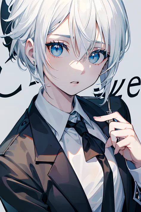 (masuter piece,Best Quality,Ultra-detailed), (A detailed face),Gojo Gojo, Solo, white  hair, Blue Eyes, bangss, white  shirt, Black tie,Black jacket, (in bad: 1.2), Looking at the viewer, (interview: 1.3), From  above, sharp contrast, Beautiful detailed ey...