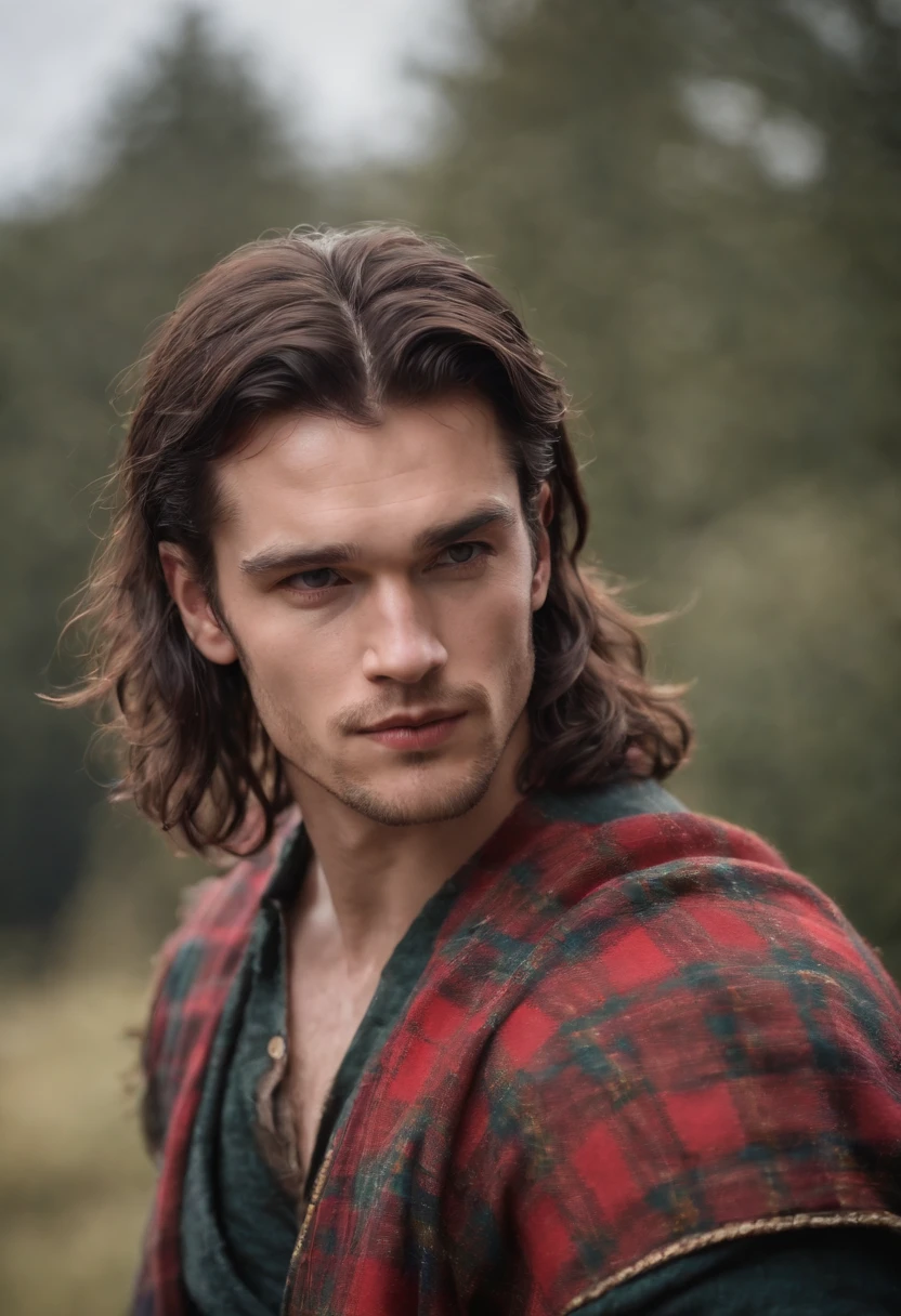 very handsome face, young handsome scottish medieval man, 25 years old, topless, in tartan kilt, dynamic pose, lean and fit, nice biceps, long black hair, fit, stormy background