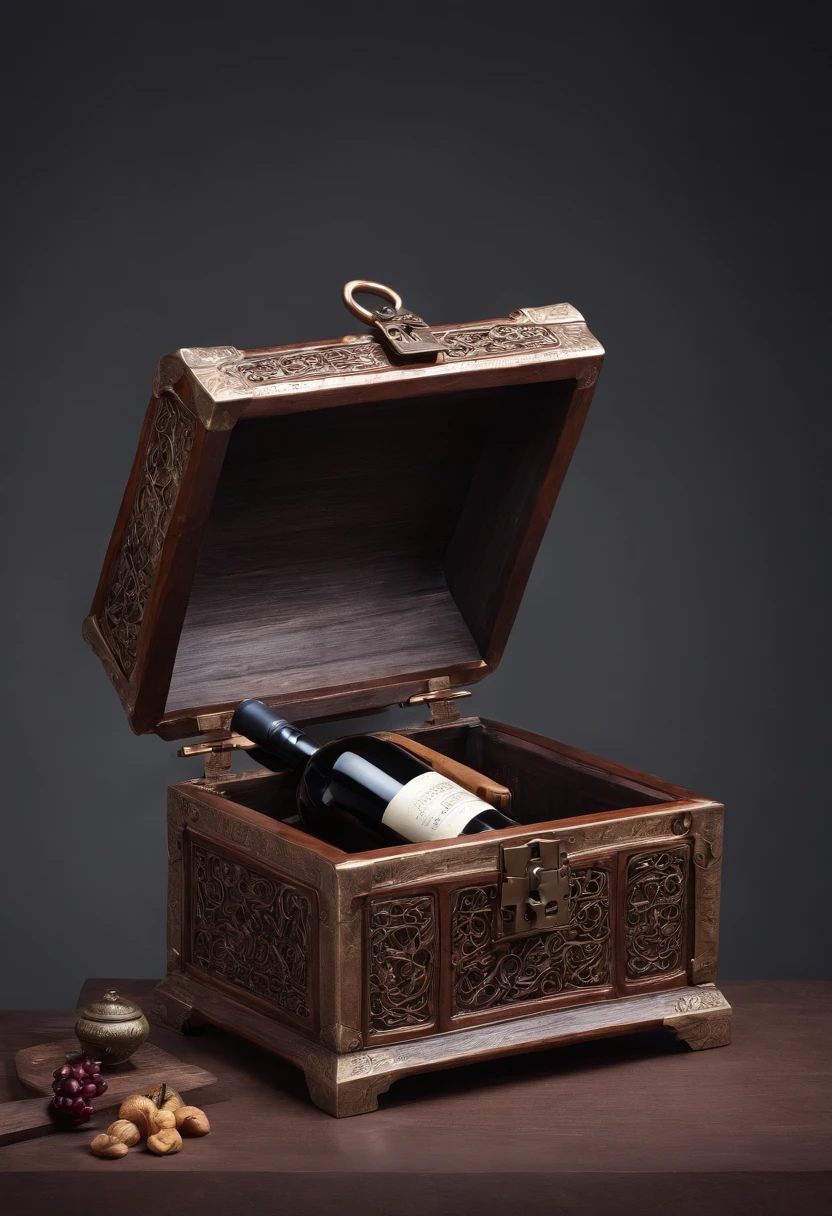 一个宝箱,古代中国风,铜线,优质木材,里面有1瓶酒- SeaArt AI