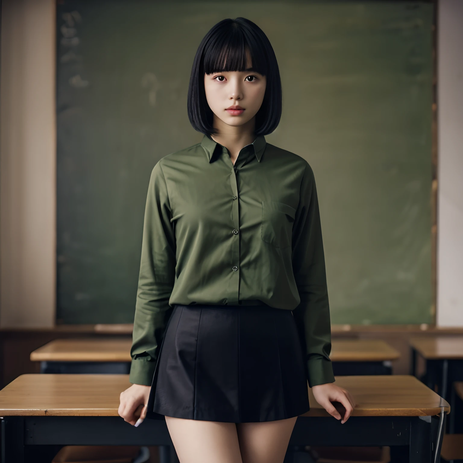 (Photoréaliste),Une lycéenne japonaise de 18 ans，（chemise vert foncé），（（Noir:1.3））jupe plissée，Bob Tête，Frange Qi，(Meilleure qualité), (chef-d&#39;œuvre), (Une haute résolution), original, fond d&#39;écran 8k extrêmement détaillé, (un extrêmement délicat)，Debout dans la classe，