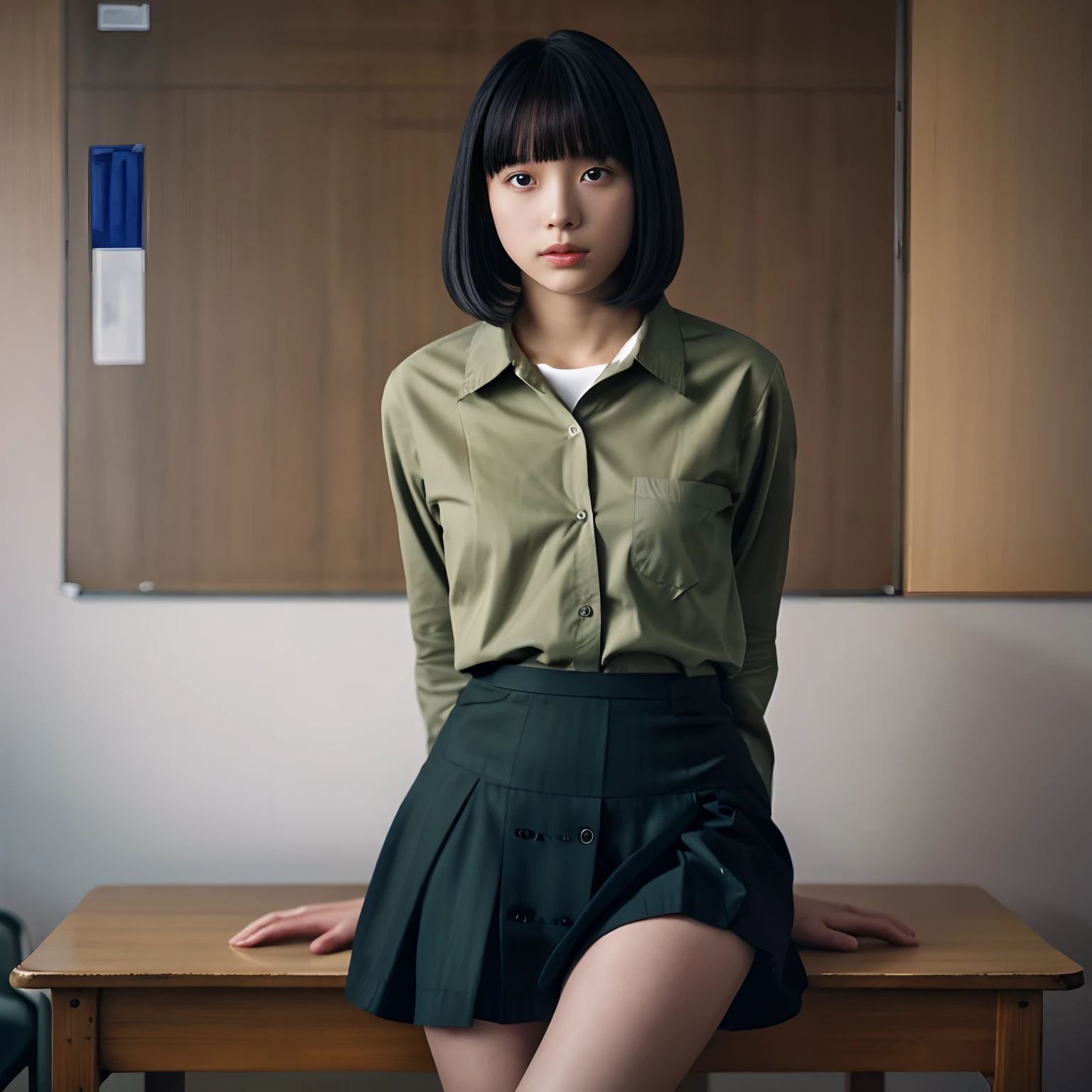 (Photorealistic),An 18-year-old Japanese high school girl，（（Dark green button-down shirt：1.3）），（（black in color：1.3））pleatedskirt，Bob Head，Qi bangs，(Best quality), (Masterpiece), (A high resolution), Original, Extremely detailed 8k wallpaper, (An extremely delicate)，Stand in the classroom，