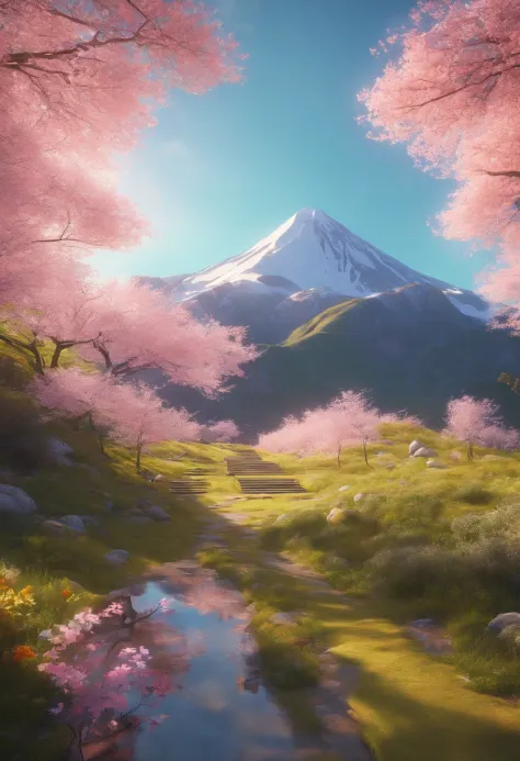 Halfway up the mountain，On the right is the tunnel tent，There is a lake under the mountain，In the distant background is a large mountain，The morning sun hit the tent，There are several cherry blossom trees next to the tent，Faraway view，Beautiful，artistic co...