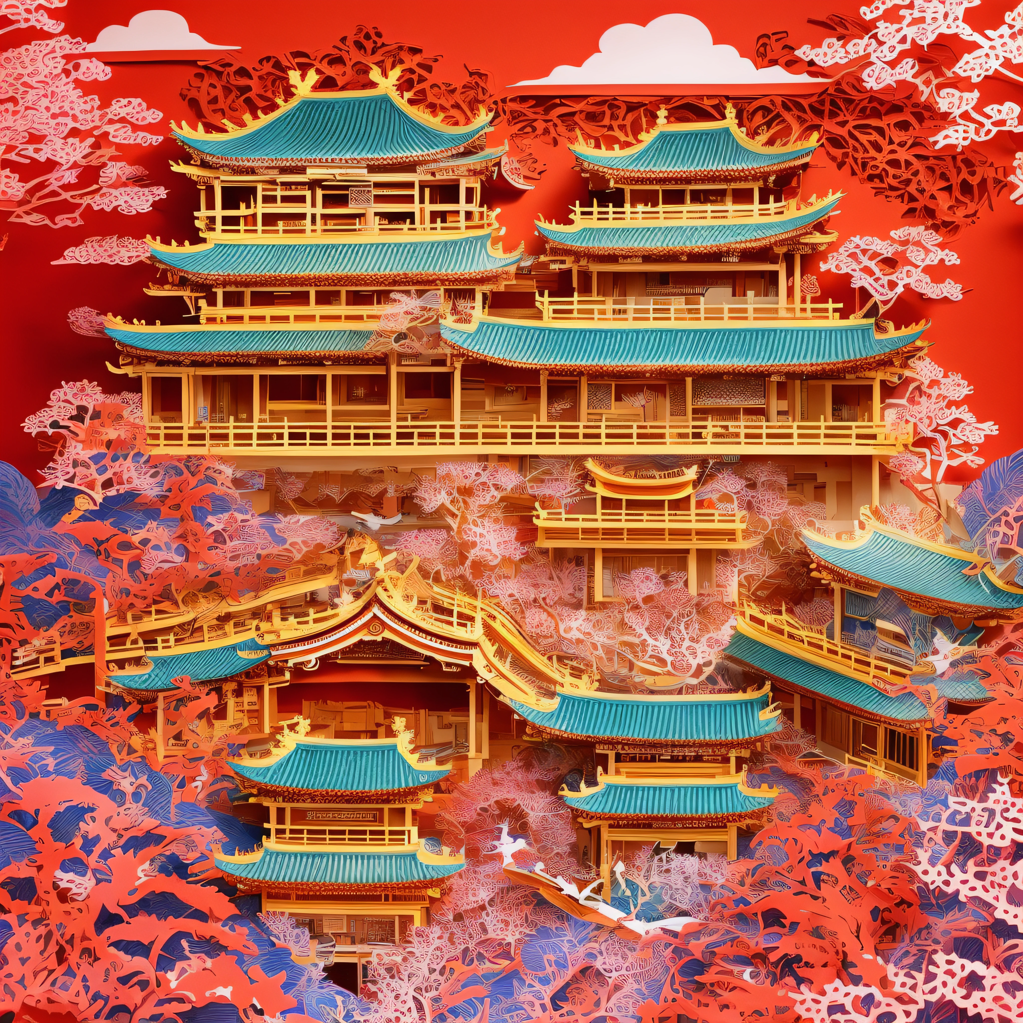 (best quality, 4k, highest, masterpiece:1.2), medium:paper-cutting , castle, colorful, traditional art, elaborate design, vivid colors, great attention to detail, bright red and gold tones, impressive architecture, exquisite paper craftsmanship, meticulous hand-cut patterns, delicate and intricate edges, grand and majestic appearance, authentic Japanese cultural heritage, floral motifs and mythical creatures blending together, celebration of Chinese art and tradition, awe-inspiring craftmanship, striking contrast between the intricate paper-cutting and the solid castle structure, expressive and lively atmosphere, meticulously crafted windows and doors, beautiful natural scenery surrounding the castle, harmonious blend of traditional and modern elements, enchanting and captivating artwork, prominent presence of Japanese culture and history, immersive experience of the ancient Japanese art form, paper-cutting techniques passed down through generations, impressive display of artistic skills and expertise, celebration of color and creativity in Japanese culture, dreamlike and whimsical ambiance, meticulous attention to the smallest details, transcendence of time and space, invitation into a vibrant and magical world, enjoyment of the rich cultural heritage of Japan through the beauty of paper-cutting.