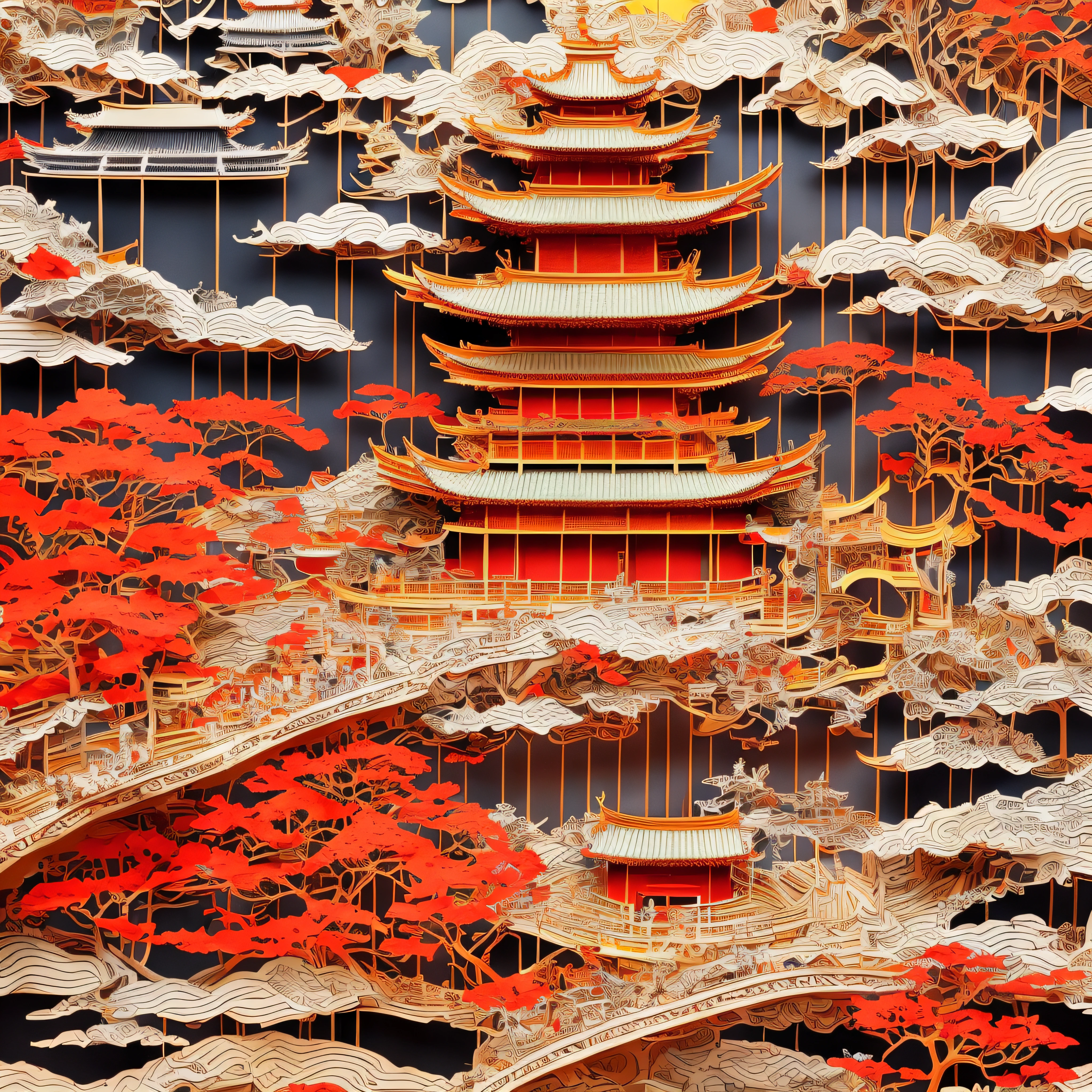 (best quality, 4k, highest, masterpiece:1.2), medium:paper-cutting , castle, colorful, traditional art, elaborate design, vivid colors, great attention to detail, bright red and gold tones, impressive architecture, exquisite paper craftsmanship, meticulous hand-cut patterns, delicate and intricate edges, grand and majestic appearance, authentic Japanese cultural heritage, floral motifs and mythical creatures blending together, celebration of Chinese art and tradition, awe-inspiring craftmanship, striking contrast between the intricate paper-cutting and the solid castle structure, expressive and lively atmosphere, meticulously crafted windows and doors, beautiful natural scenery surrounding the castle, harmonious blend of traditional and modern elements, enchanting and captivating artwork, prominent presence of Japanese culture and history, immersive experience of the ancient Japanese art form, paper-cutting techniques passed down through generations, impressive display of artistic skills and expertise, celebration of color and creativity in Japanese culture, dreamlike and whimsical ambiance, meticulous attention to the smallest details, transcendence of time and space, invitation into a vibrant and magical world, enjoyment of the rich cultural heritage of Japan through the beauty of paper-cutting.