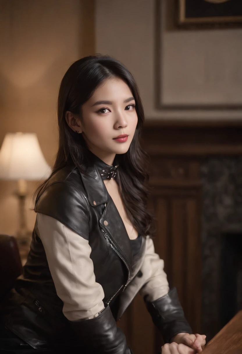 Both hands are covered with black leather gloves up to the fingertips, upper body, black leather double riders jacket, slender necklace, young and cute Japanese girl with black hair tied up beautifully, sitting on a black leather chair facing the desk in the president's room at night, aligning both hands of black leather gloves on the desk