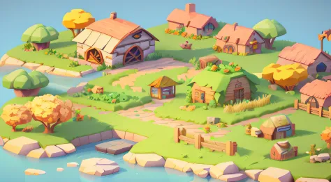 Cartoon style, polygon, game architecture design, fantasy, farm yard, stone, brick, grass, river, flower, vegetable, wheat, tree, animal, casual game style, creative, best details, cartoon style, 3d, blender, masterpiece, best quality, cartoon rendering, 8...
