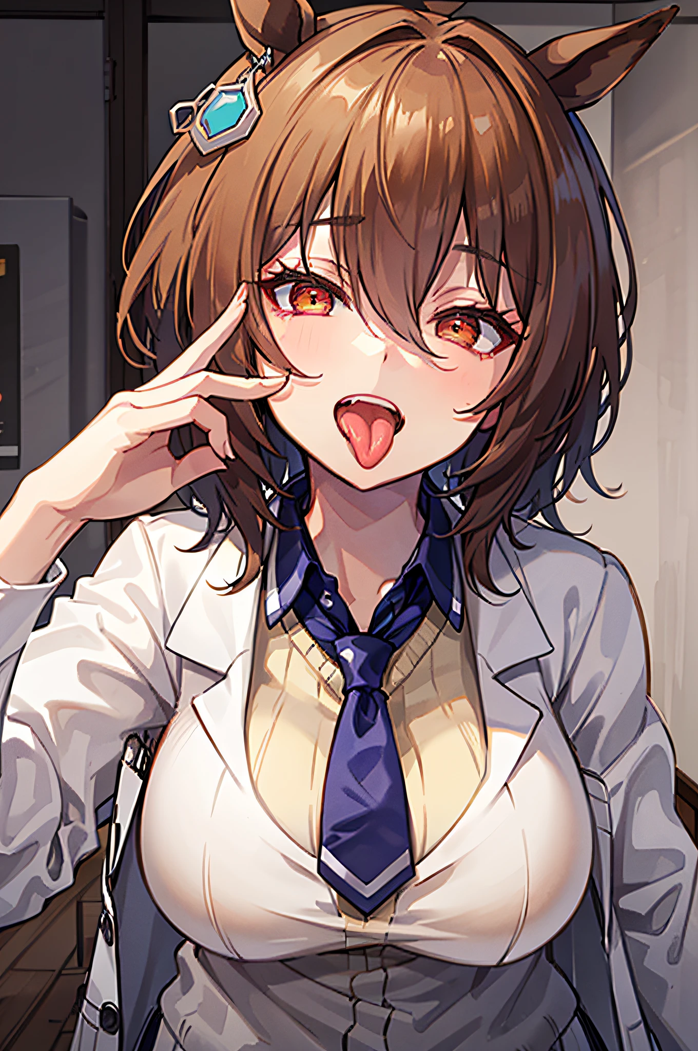 Agnes-Tachyon, umamusume, white Labcoat and yellow sweater, Crimson eyes, tie, (very huge breasts:1.2), (inside mouth:1.5), (open mouth loudly:1), grin, (long cute tongue:1.5), upper-body, finger, (implied fellatio:1.4), handsign of handjob, pov, from avobe, real photo, 8K, BJ-FACE-POV, perfect hand, Anatomical Hand, 1hand, ((Grasping and licking an invisible stick)), hand in front of mouth, palm, temptation, seduction of blowjob, BJ-FACE-POV, implied fellatio, grin, sticking tongue