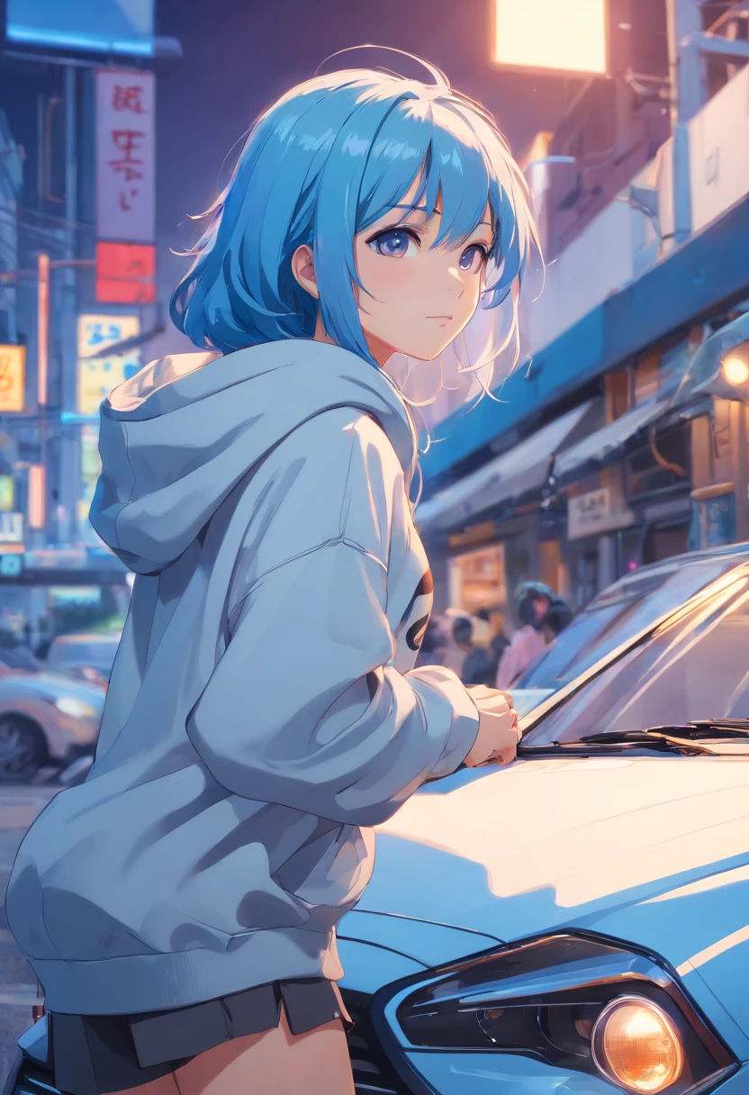 A woman with blue hair standing next to a car in a city - SeaArt AI