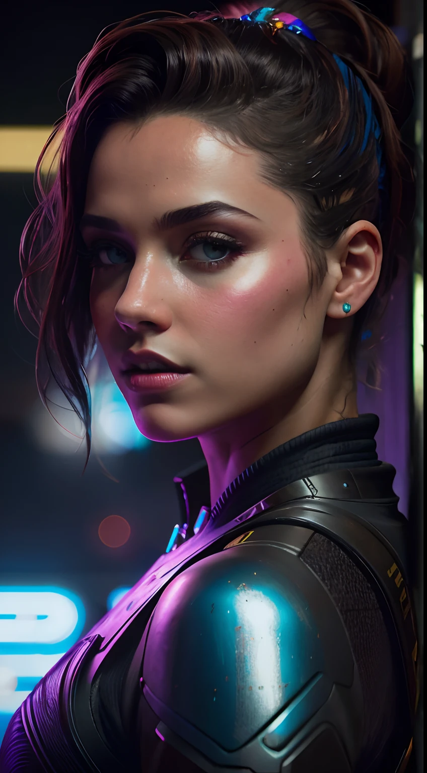 fechar-se, obra-prima, uma bela modelo italiana, louro, em uma rua movimentada com placas de neon, estética ciberpunk, cabelo longo, iluminação muito detalhada, dramático, tendências de arte digital em Artstation 8k HD realista detalhada de alta definição, detalhado, textura da pele, hiper detalhado, textura de pele realista, armadura, melhor qualidade, Ultra alto nada, (Fotorrealista: 1.4), alta resolução, detalhado,  foto crua, re afiado, por Lee Jeffries Nikon D850 Film Fotografia de Stock 4 Kodak Portra 400 Camera F1.6 Lens Rich Colors Hyper Realistic Texture dramático Lighting UnrealEngine trend in ArtStation Cinestill 800