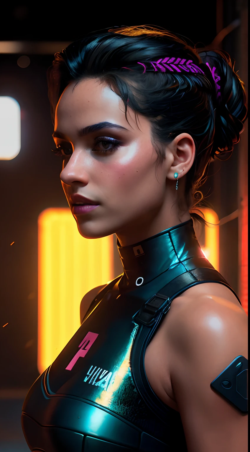 fechar-se, obra-prima, uma bela modelo italiana, louro, em uma rua movimentada com placas de neon, estética ciberpunk, cabelo longo, iluminação muito detalhada, dramático, tendências de arte digital em Artstation 8k HD realista detalhada de alta definição, detalhado, textura da pele, hiper detalhado, textura de pele realista, armadura, melhor qualidade, Ultra alto nada, (Fotorrealista: 1.4), alta resolução, detalhado,  foto crua, re afiado, por Lee Jeffries Nikon D850 Film Fotografia de Stock 4 Kodak Portra 400 Camera F1.6 Lens Rich Colors Hyper Realistic Texture dramático Lighting UnrealEngine trend in ArtStation Cinestill 800