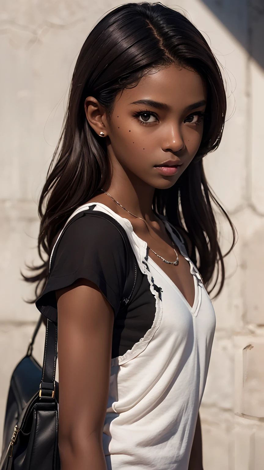 1 girl, (dark brown skin:1.4), long hair, black eyes colour, mole down the right eye, School girl outfit, blushing, embarrassed, (high quality, masterpiece, extremely detailed:1.2), (small chest:1.2), (Realistic, photorealistic, realistic shadows:1.2)