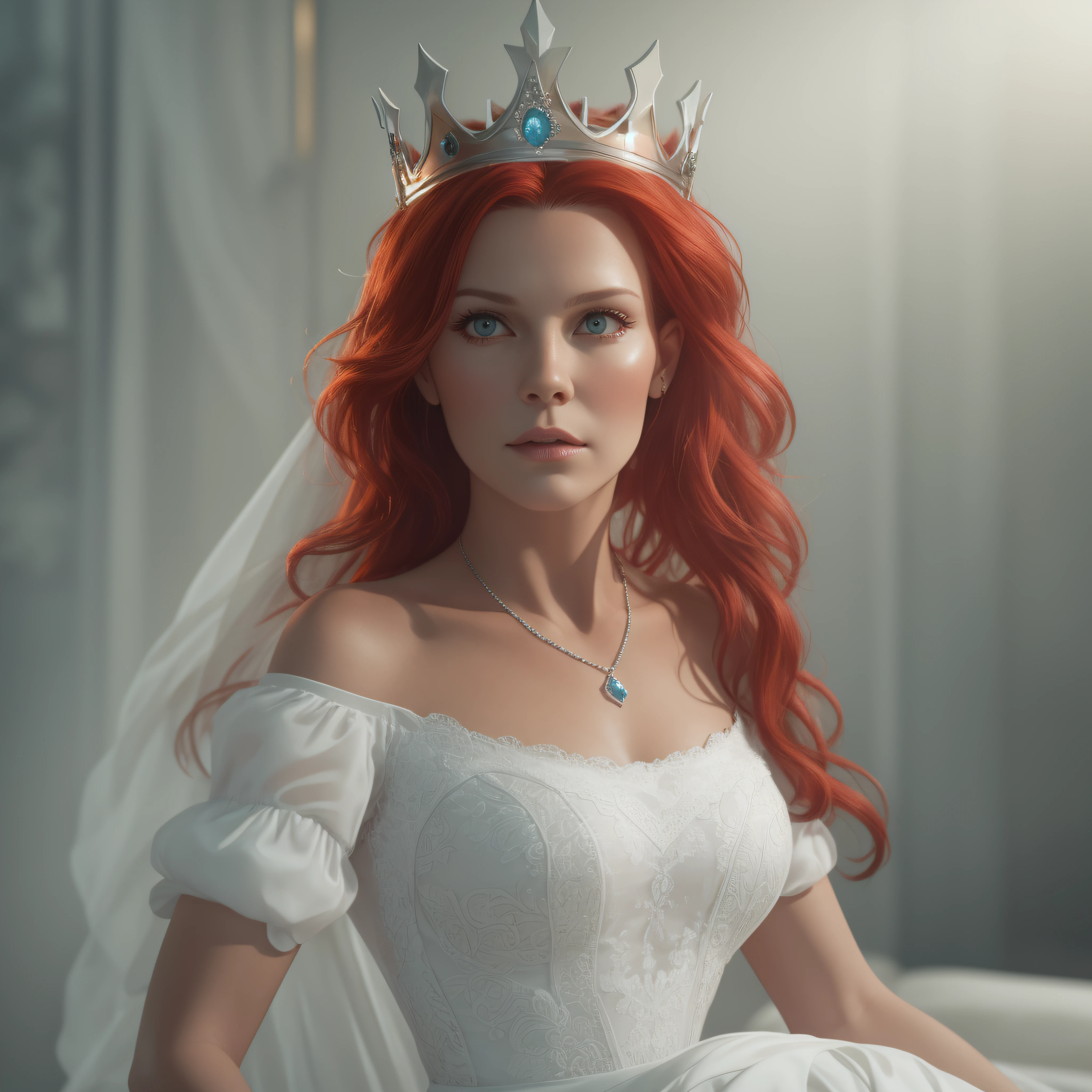 50 años. vieja bruja de pelo rojo en vestido blanco, Llevar una corona de princesa, contra su voluntad, fotorrealista, renderizado de octanaje, Motor irreal, Ultrarrealista