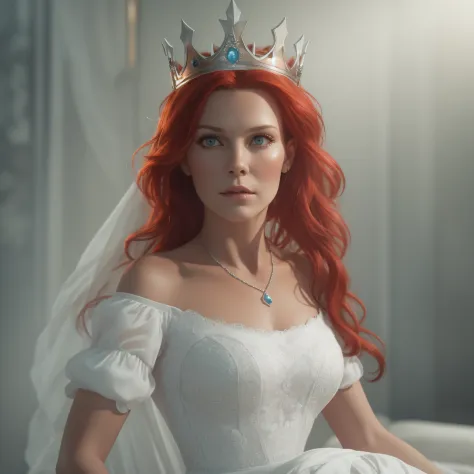50 yrs. old Gorgeous red hair witch in white dress, wearing a princess crown, against her will, photo-realistic, octane render, ...