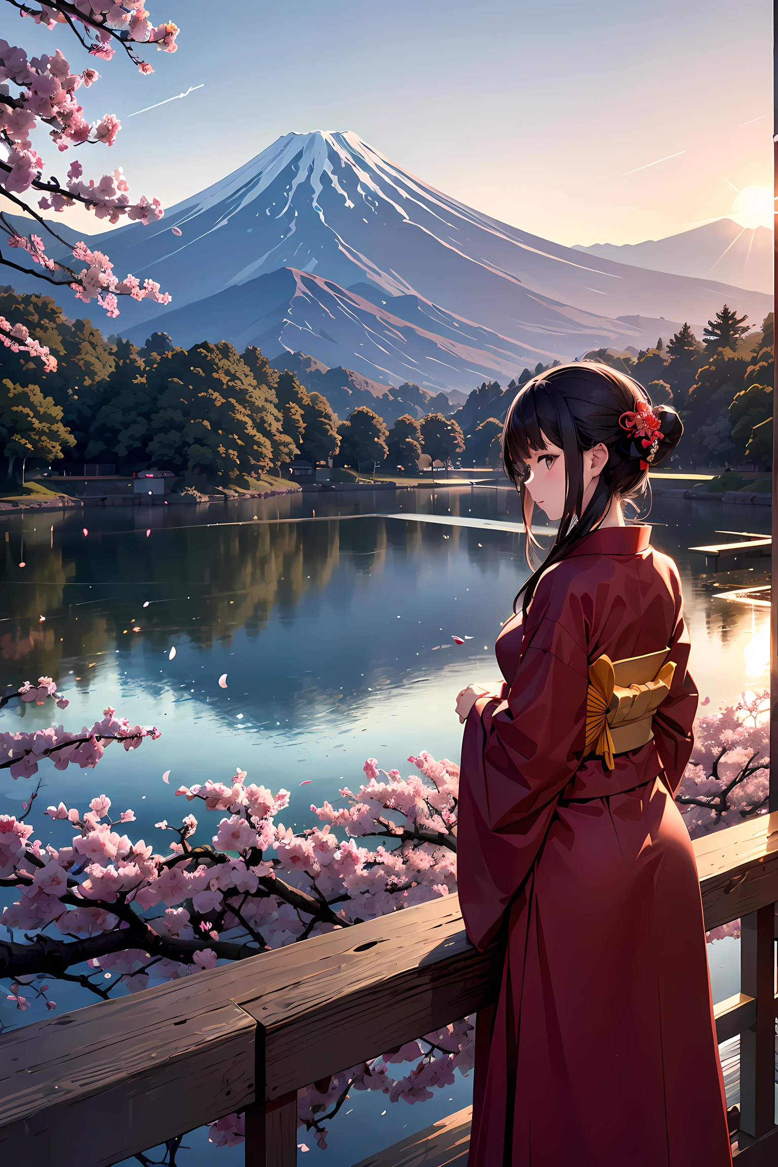 Papierschnittkunst, bunte Papierkunst,  Eine wunderschöne Japanerin, hinterrücks, Porträt, roter Kimono, Kirschblüte, Teich, Mt. Fuji, Sonnenuntergang,