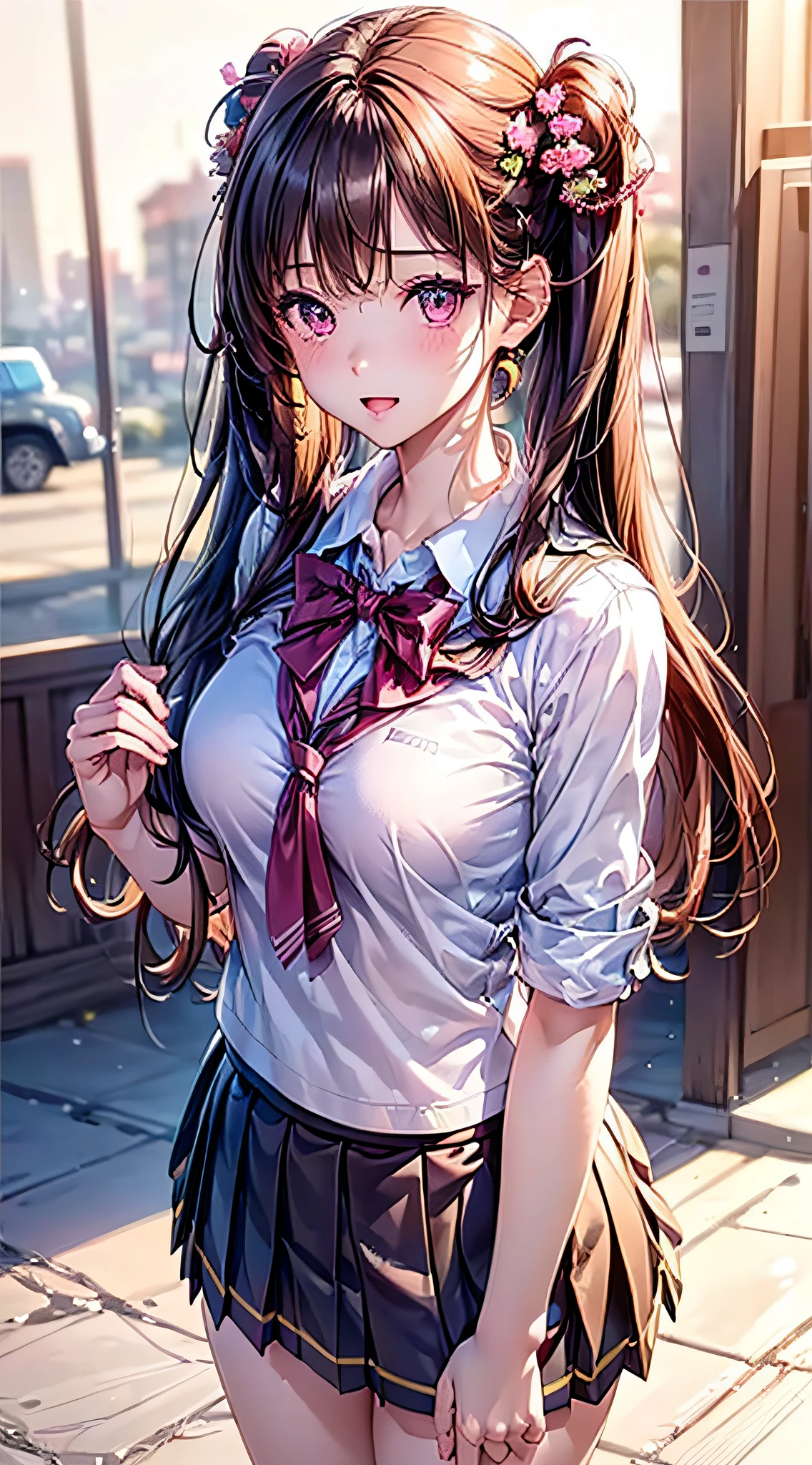 ((1girl in)), (Twintails), Brown hair, Amazing face and eyes, Pink eyes, (amazingly beautiful girl), Brown hair, (hi-school uniform, pleated mini skirt:1.5), ((Best Quality)), (Ultra-detailed), (extremely detailed CG unified 8k wallpaper), Highly detailed, High-definition raw color photos, Professional Photography, (((Bokeh))), depth of fields,