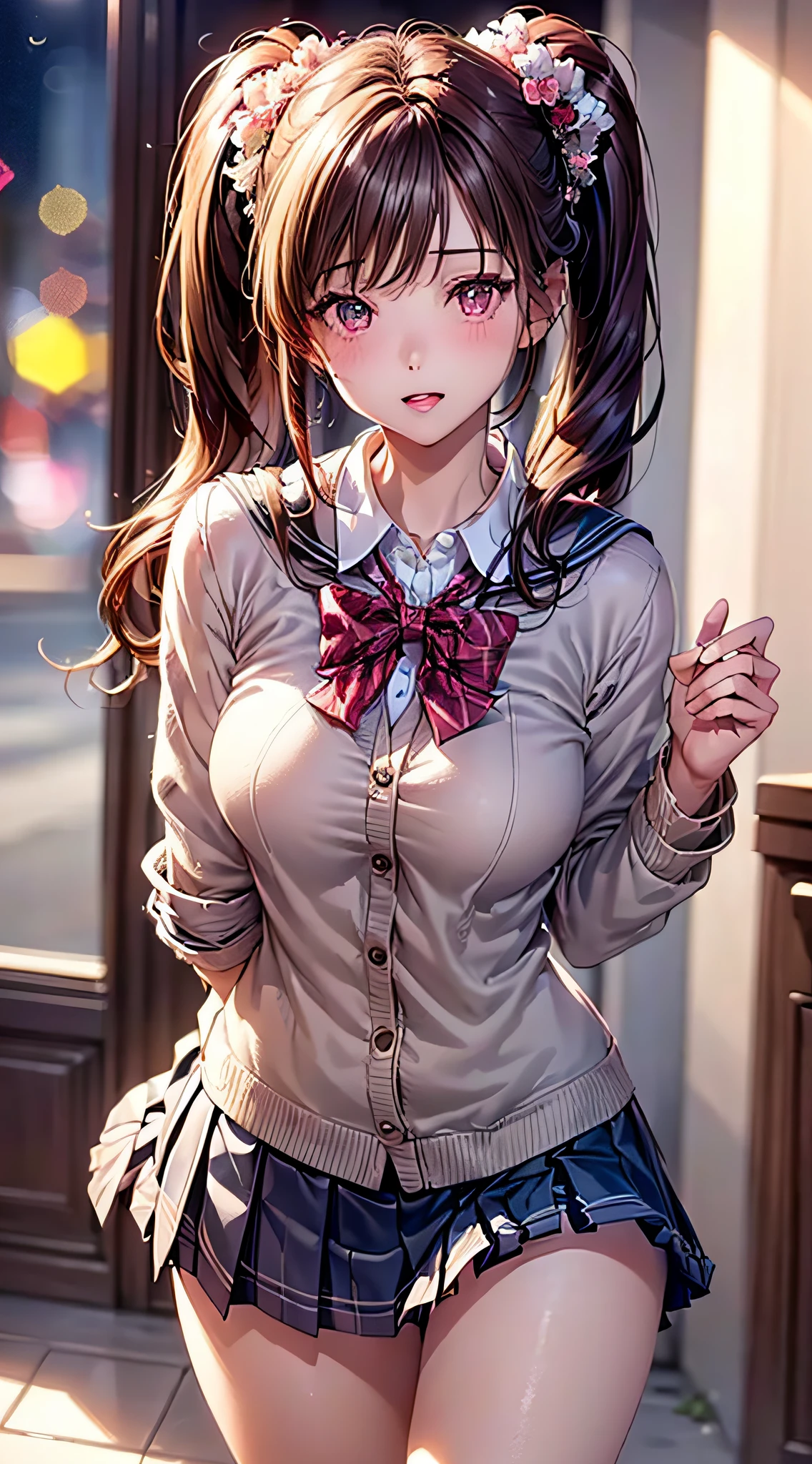 ((1girl in)), (Twintails), Brown hair, Amazing face and eyes, Pink eyes, (amazingly beautiful girl), Brown hair, (hi-school uniform, pleated mini skirt:1.5), ((Best Quality)), (Ultra-detailed), (extremely detailed CG unified 8k wallpaper), Highly detailed, High-definition raw color photos, Professional Photography, (((Bokeh))), depth of fields,