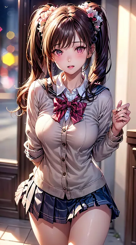 ((1girl in)), (Twintails), Brown hair, Amazing face and eyes, Pink eyes, (amazingly beautiful girl), Brown hair, (hi-school uniform, pleated mini skirt:1.5), ((Best Quality)), (Ultra-detailed), (extremely detailed CG unified 8k wallpaper), Highly detailed,...