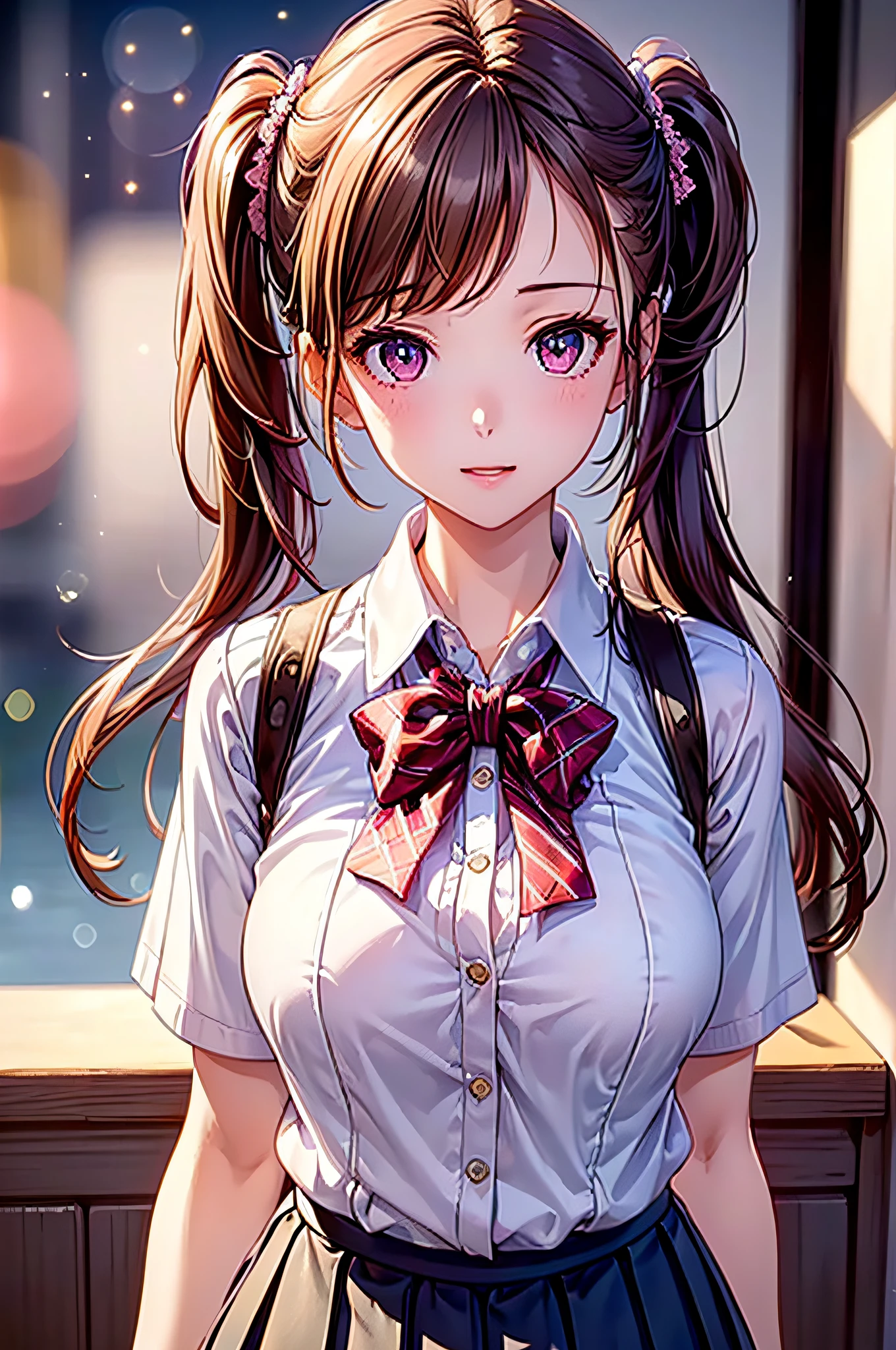 ((1girl in)), (Twintails), Brown hair, Amazing face and eyes, Pink eyes, (amazingly beautiful girl), Brown hair, (hi-school uniform, pleated mini skirt:1.5), ((Best Quality)), (Ultra-detailed), (extremely detailed CG unified 8k wallpaper), Highly detailed, High-definition raw color photos, Professional Photography, (((Bokeh))), depth of fields,