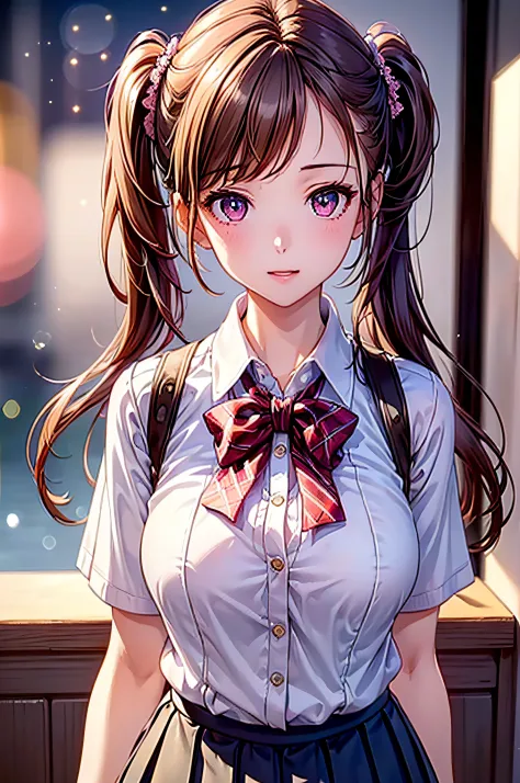 ((1girl in)), (Twintails), Brown hair, Amazing face and eyes, Pink eyes, (amazingly beautiful girl), Brown hair, (hi-school unif...